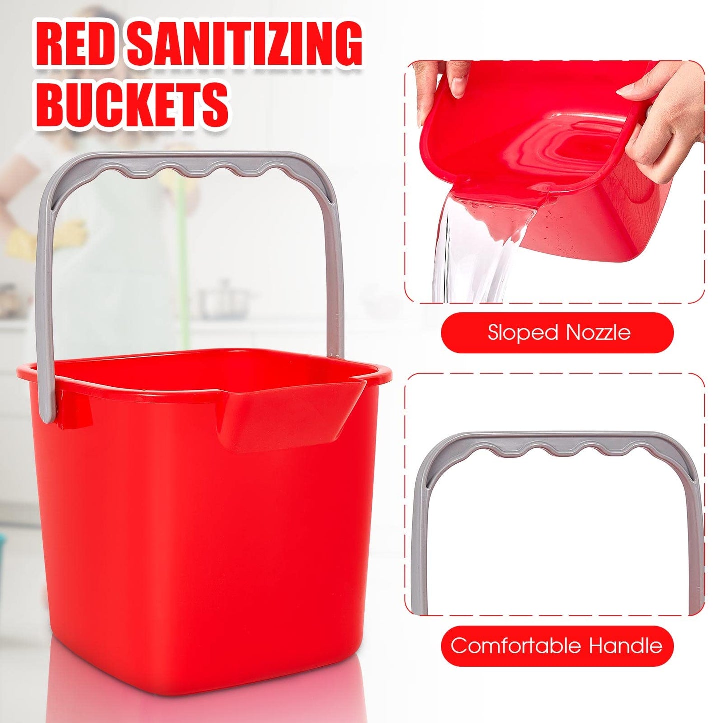 Irenare 8 Pcs Sanitizing Bucket 3 Quart Cleaning Pail Small Detergent Square, Spout and Handle Plastic Utility Sanitizer Buckets for Restaurant Kitchen Home Offices (Red)