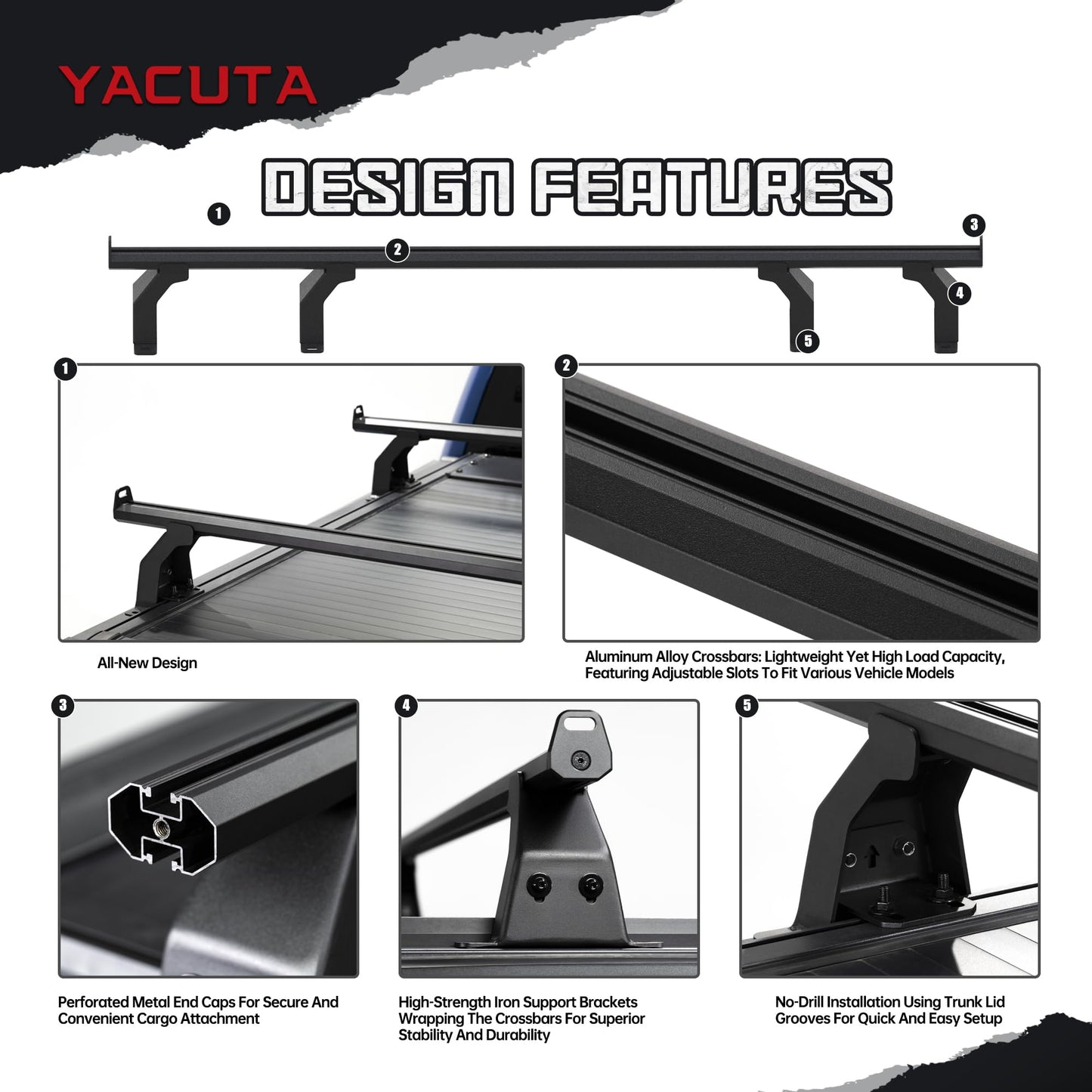 Adjustable Truck Bed Rack Cross Bars,Compatible with Mid-Size Trucks with Retractable Hard Tonneau Covers|Length 65"|2PCs|Made of high-Strength Aluminum Alloy