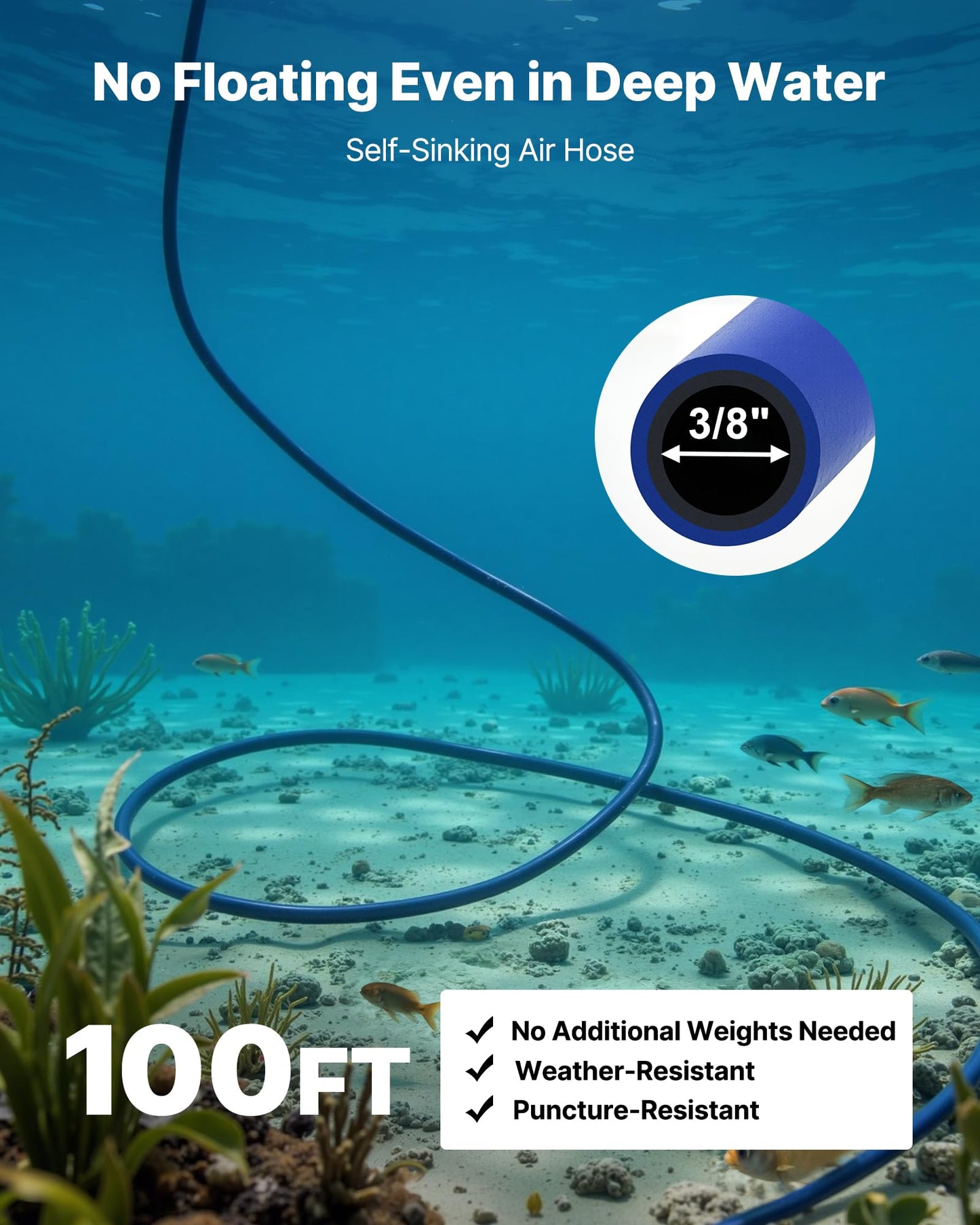 VEVOR Pond Aerators, 5.2CFM Aeration System for Lakes up to 3 Acres, 3/4 HP Air Compressor, 1 Diffuser & 100' Weighted Tubing, Outdoor Pond Aeration Pump for Deep Water Oxygen Circulation