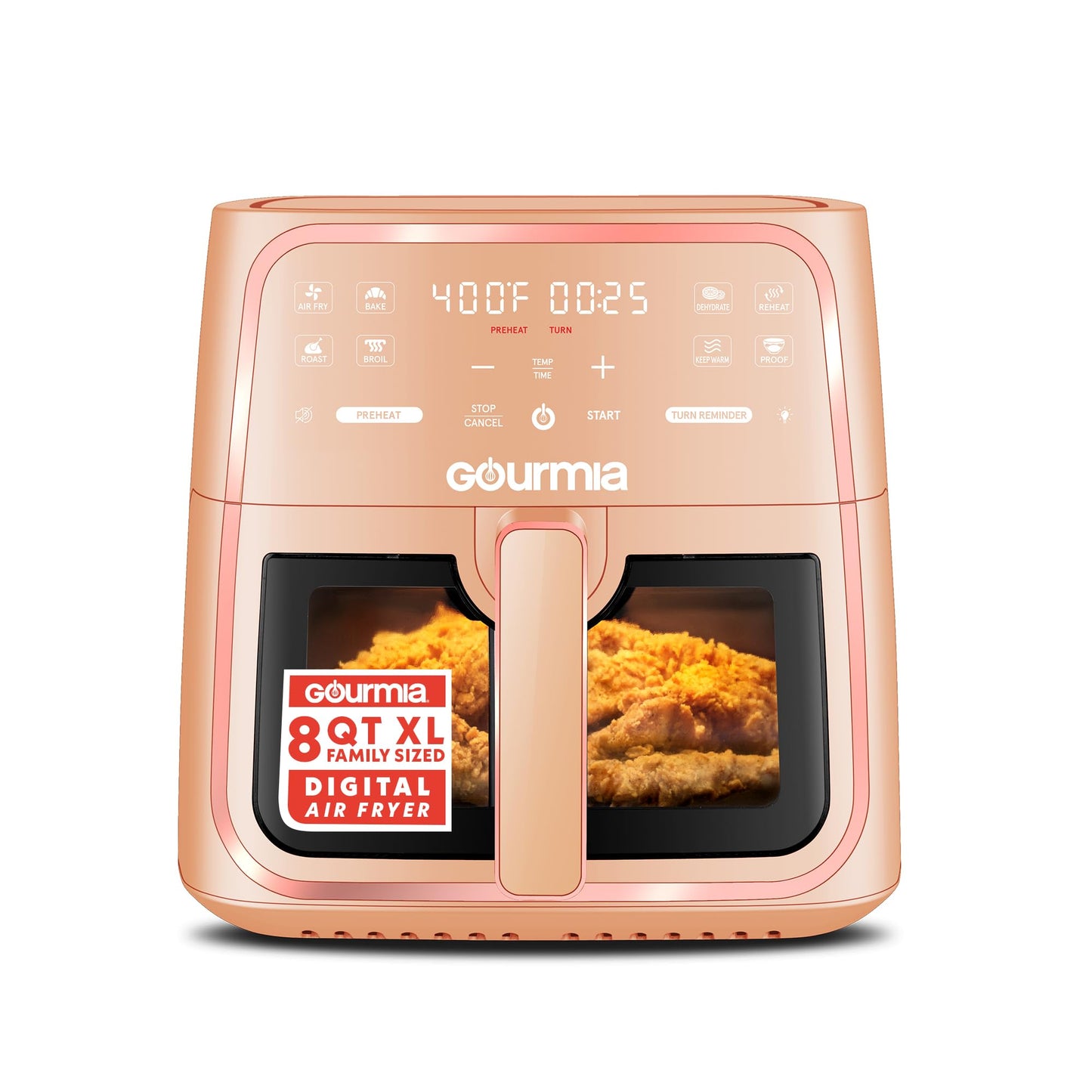 Gourmia 8 Qt Air Fryer, 8 Presets with Digital Display, FryForce 360° Technology, Easy View Window & Interior Light, Dishwasher Safe Basket, Peach