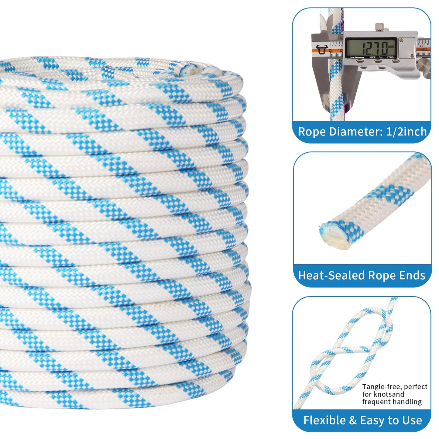 Double Braid Arborist Rope, 1/2 Inch x 150 ft, 9000 LBS Breaking Strength Heavy Duty Tree Climbing Rope, Outdoor Swing Rope for Trees, Climbing, Sailing & General Use