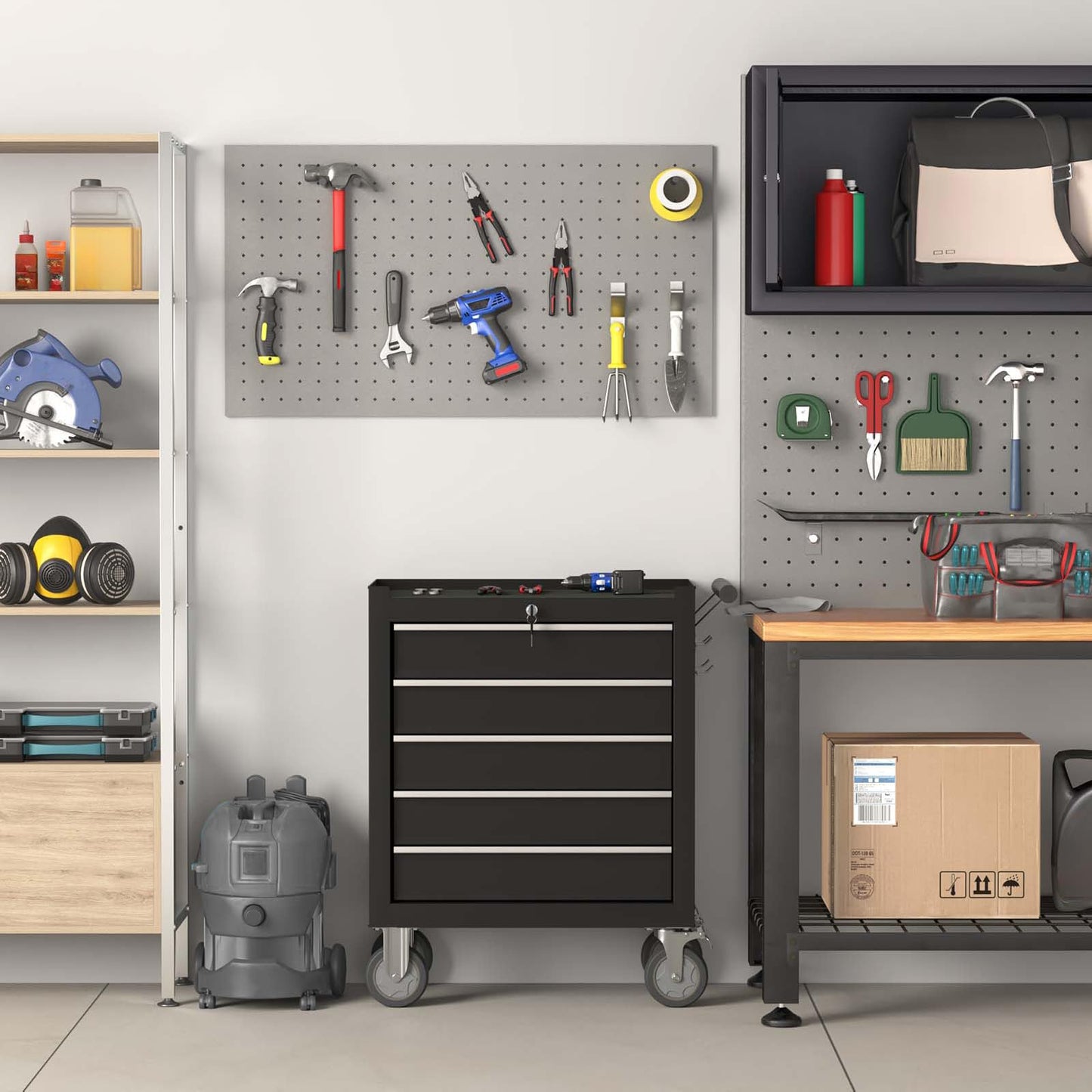 Yaciente 5-Drawer Tool Chest, Rolling Tool Box with Wheels, High Capacity Detachable Mobile Tool Storage Cabinet for Workshop, Garage, Mechanics and Repair Room (Black, 5-Drawer)