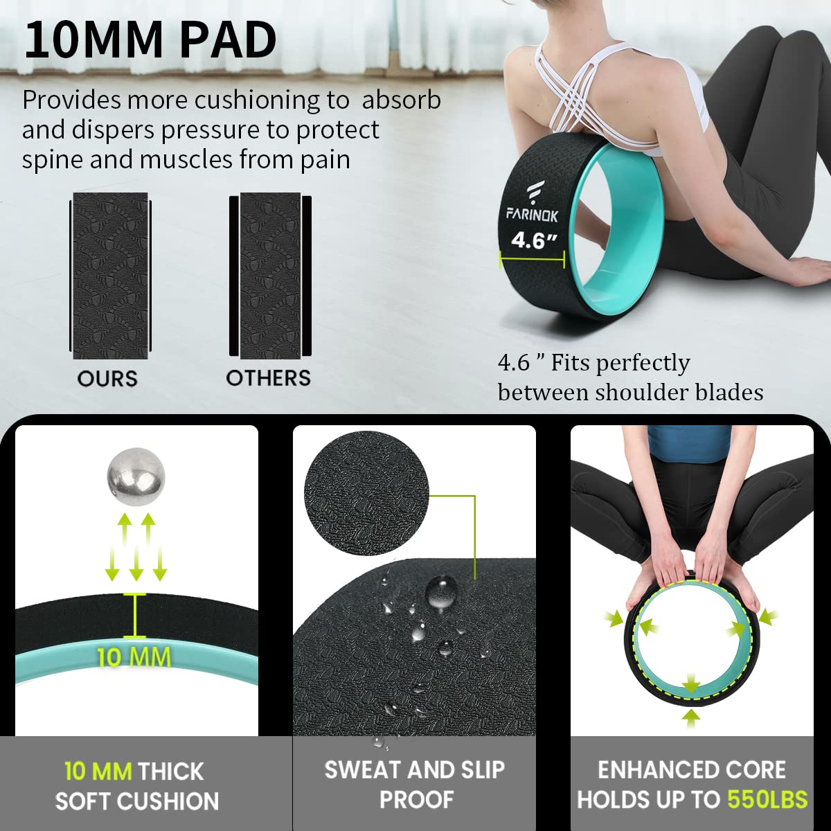 Yoga Wheel for Stretching & Flexibility to Help Back Aches & Tension, Deep Tissue Muscle Massage. Back Roller Wheel with Extra Cushion, Wider & Thickest Foam, Stretches and Strengthens Core Muscles (GREEN, 2)