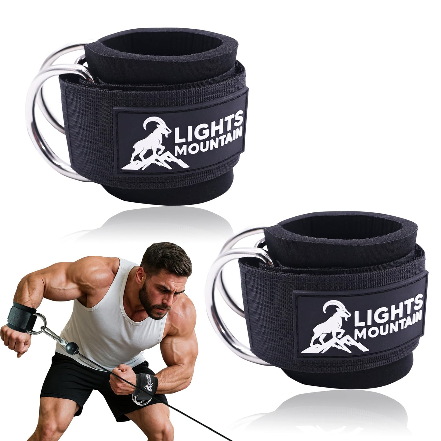 Lights Mountain Wrist Cuffs for Cable Machine Attachments – Adjustable Padded Straps with Dual D-Rings for Forearm, Arm & Rehab Training