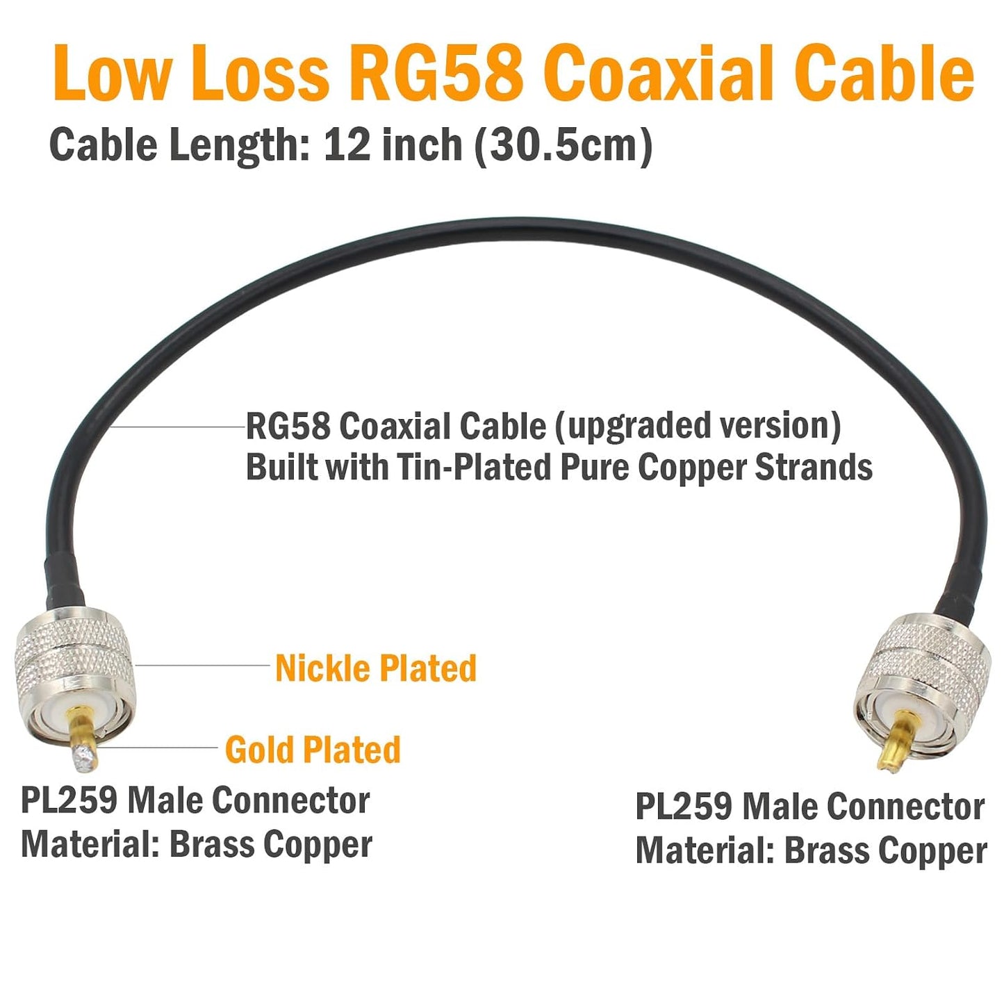 exgoofit PL259 12 inch RG58 Analyzer,Dummy Male to Male Adapter Cable Low Loss Digital Coax UHF Jumper Cable for HAM