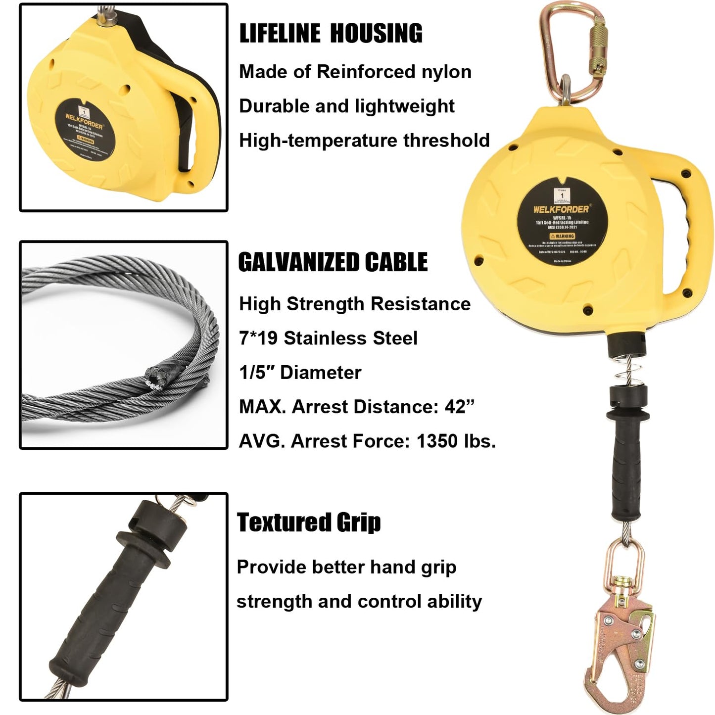WELKFORDER Single Leg Self-Retracting Lifeline [Steel Cable] Internal Shock Absorber System Class 1 Retractable Lanyard with Quick-Action Brake ANSI&OSHA Compliant (15FT)