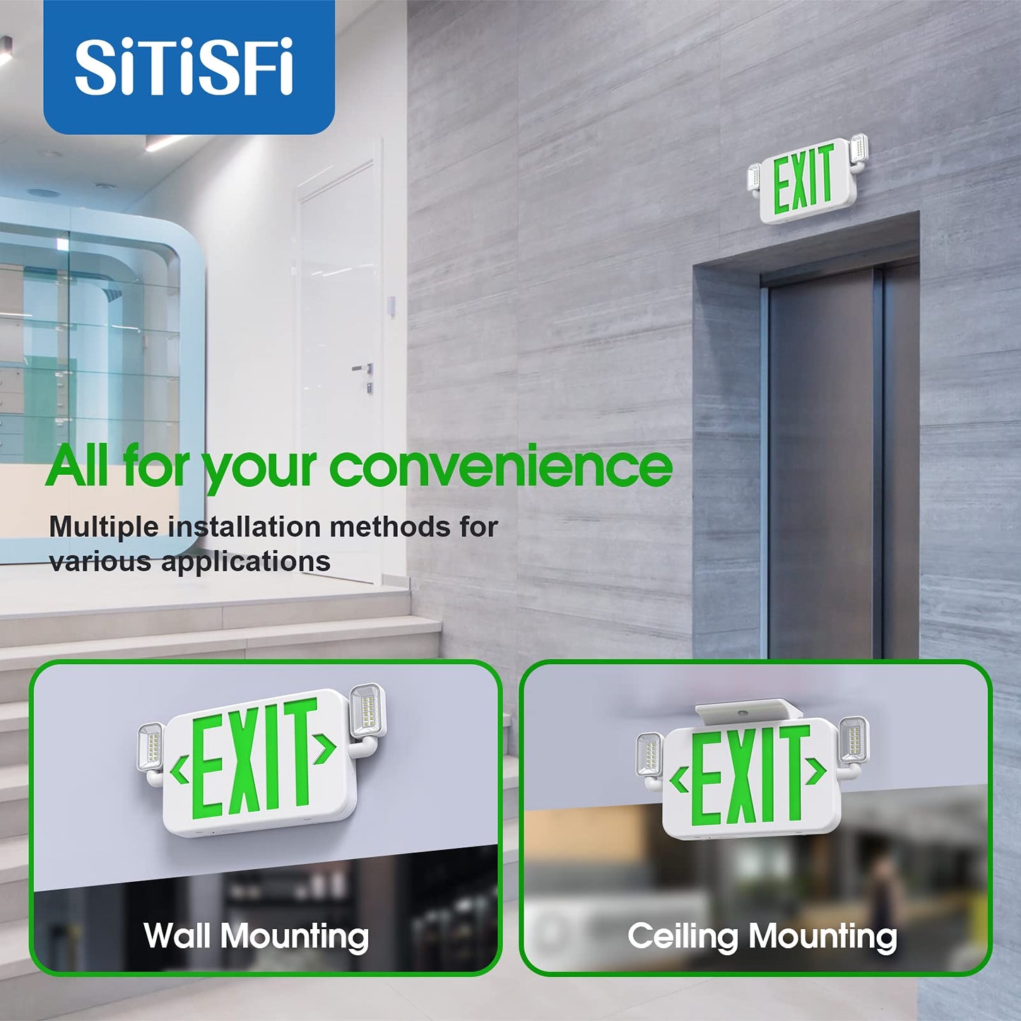 SITISFI Led Combo Emergency Exit Sign Light with Two Adjustable Head Lights and Backup Battery,US Standard Green Letter Commercial Emergency Exit Lighting,UL 924,120/277V (2Pack)