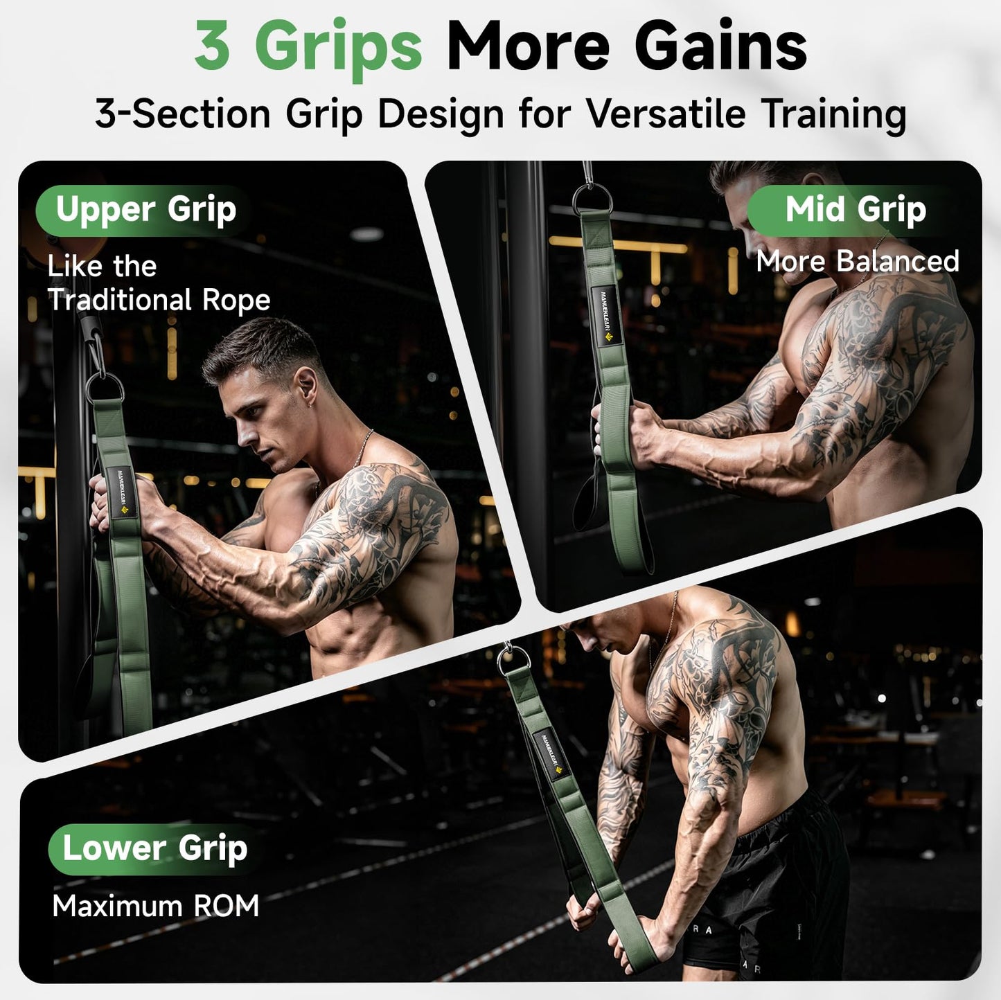 MANUEKLEAR 3 Grip Lengths in 1 Tricep Rope Cable Attachment with Ergonomic Handles, Greater ROM for Tricep Push Down Attachment Professional Gym Rope for Overhead Extension