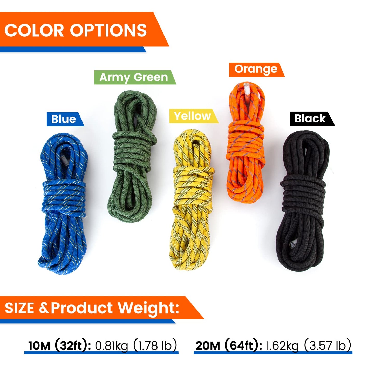 Static Climbing Rope 10M(32ft) 20M(65ft), 10mm Outdoor Rock Climbing Safety Rope Arborist Tree Climbing Rope, Escape Rappelling Tree Pulling Swing Sailing Fire Rescue Parachute Rope, Army Green