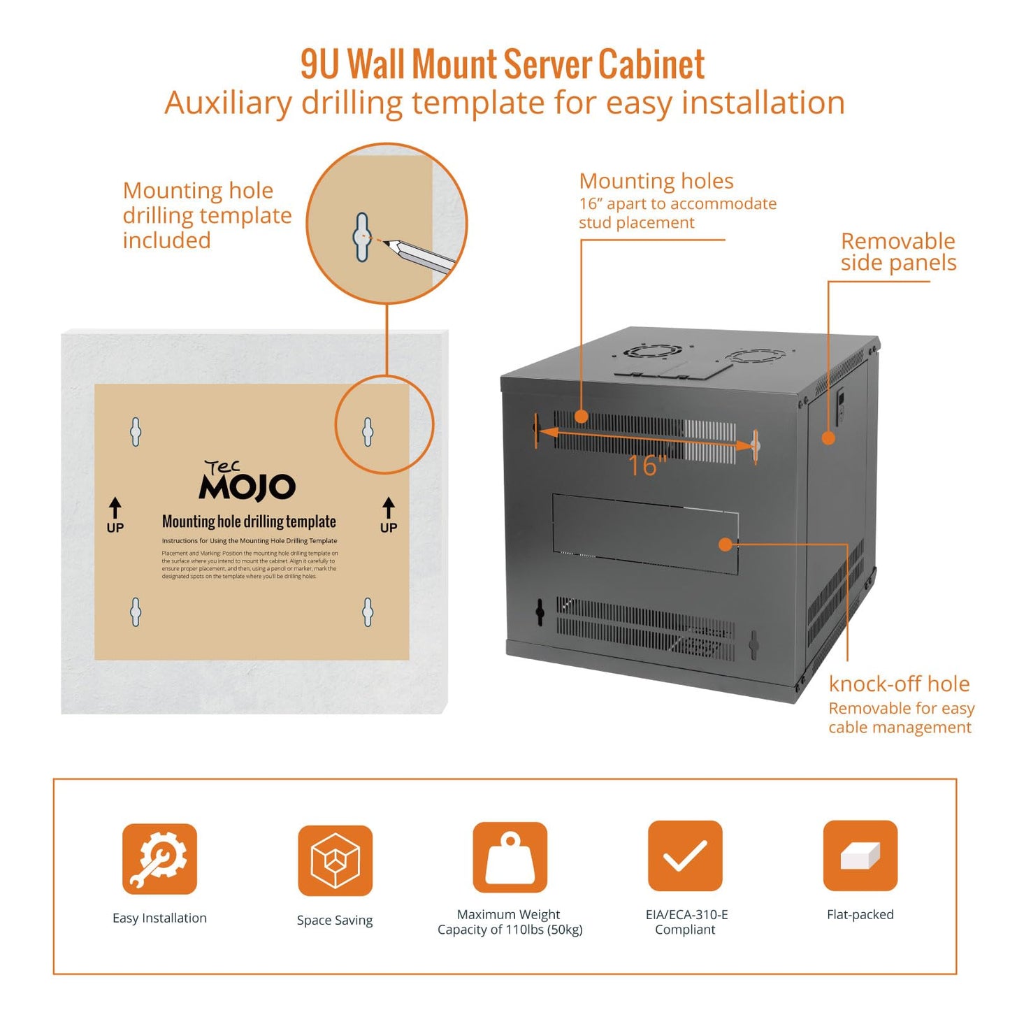 Tecmojo 9U Wall Mount Server Cabinet IT Network Rack Enclosure Lockable Door and Side Panels Black,Cooling Fan, Glass Door, 17.7inch Depth,for 19” IT Equipment, A/V Devices