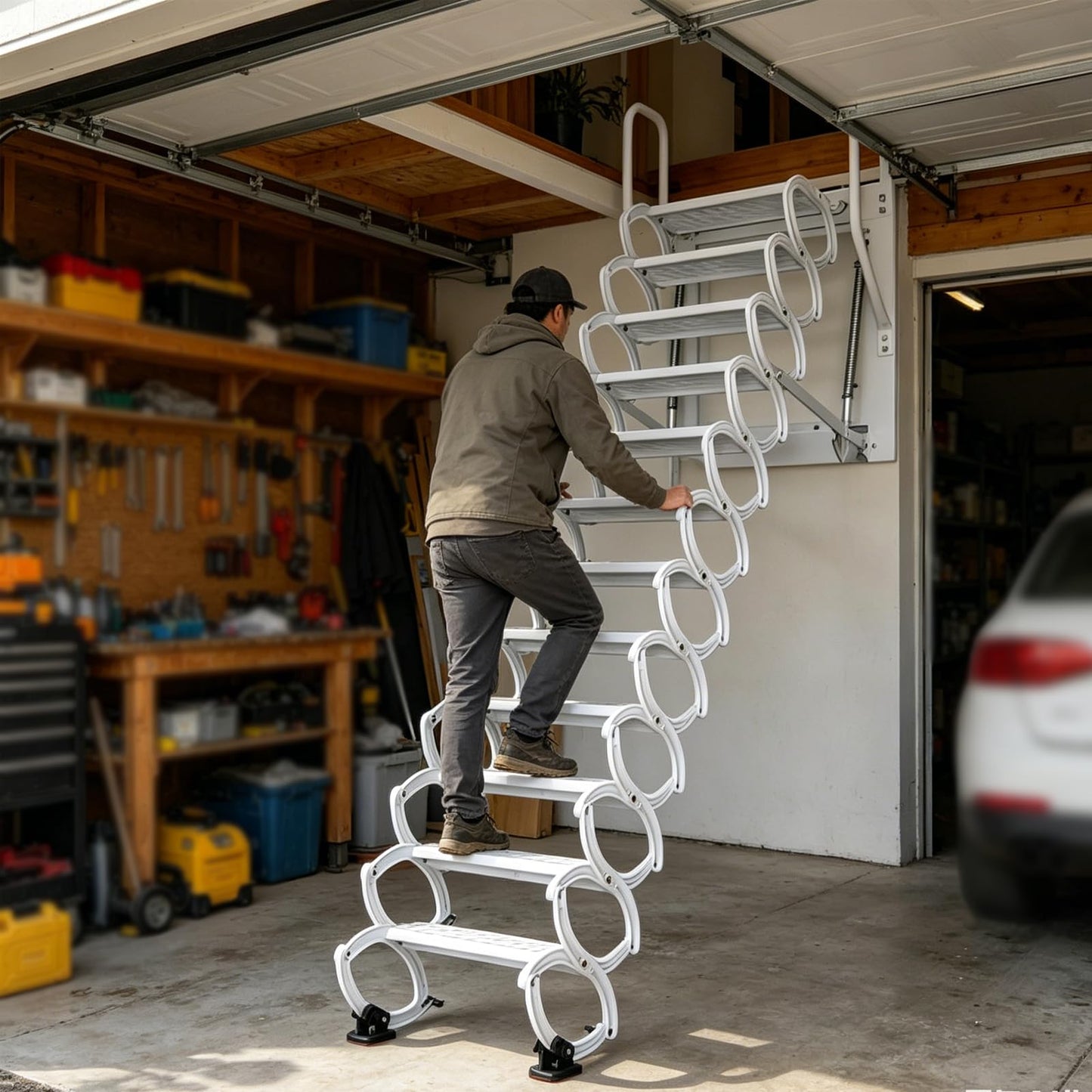 Wall-Mounted Attic Stairs, Attic Ladder Pull Down System, 12 Steps Retractable Loft Ladder, Folding Extension Attic Staircase for Garages Attics Telescoping Ladder, Roof (Black-White, 12 Steps)