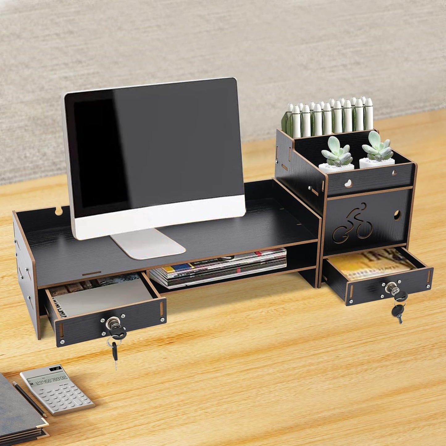 QUSKLISU (05) Computer Monitor Stand, Computer Rack with Drawers, Two top Platforms Desk Organizer Monitor Stand