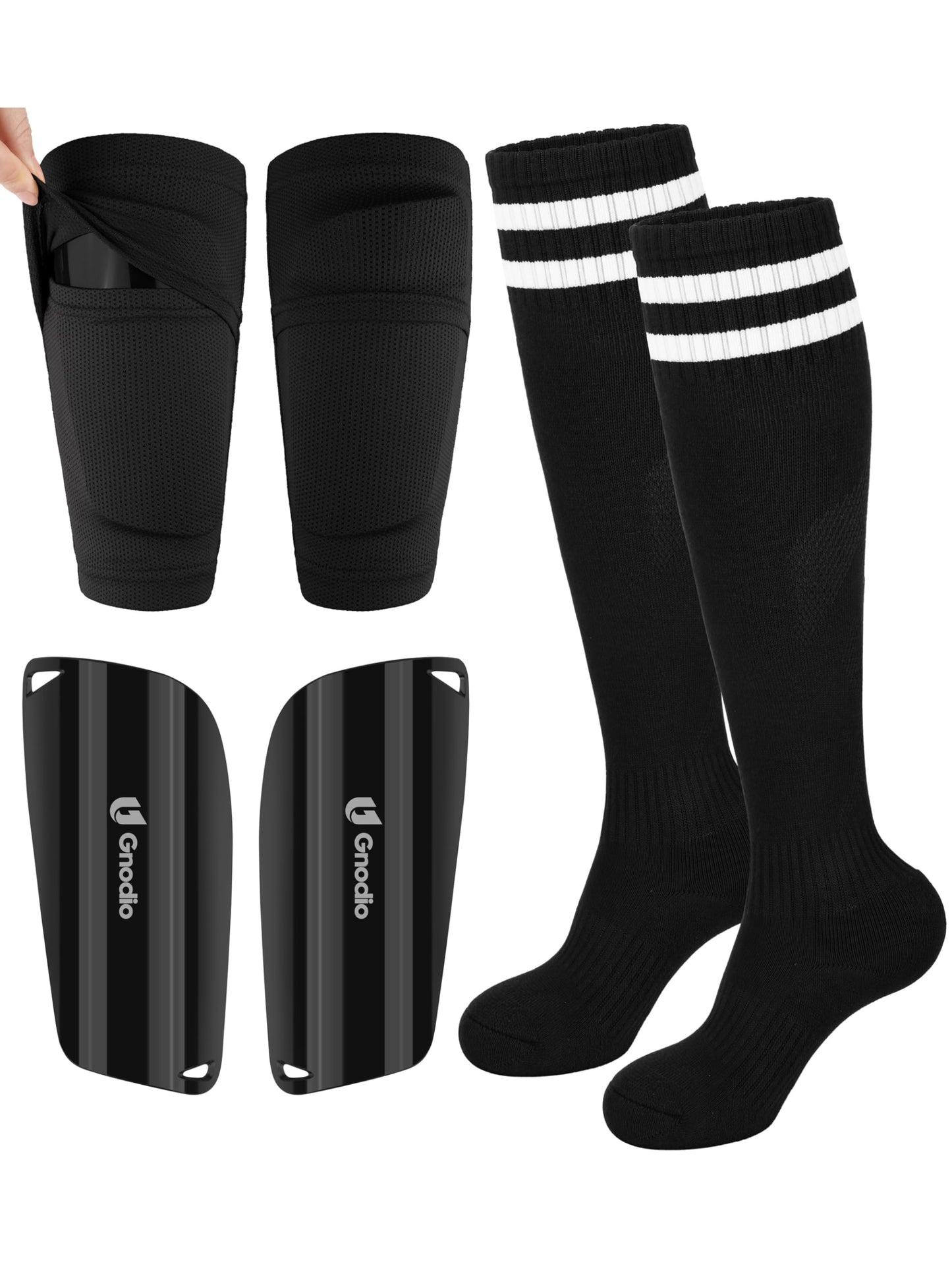 Gnodio Kids Soccer Shin Guards with Sleeves and Socks Set Youth Toddler Shin Pads Long Socks for 3-12 Years Boys Girls Lightweight Soccer Equipment Black M