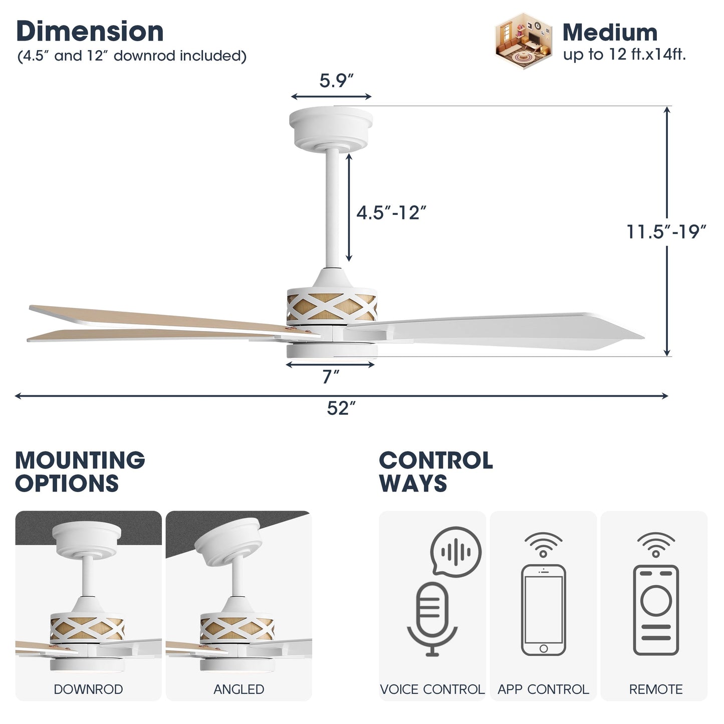 WINGBO 52" Smart Ceiling Fan with Lights, White/Oak Blades, 6 Speeds Reversible DC Motor, Works with Alexa and Google Assistant, 3CCT Dimmable LED Ceiling Fan for Bedroom Living Room, White Finish