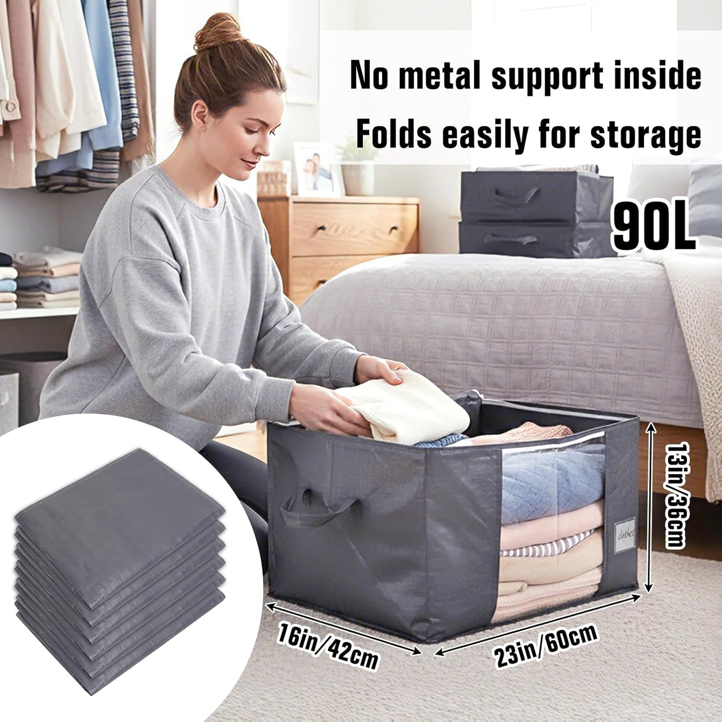 YGEOMER Blanket Storage Bags - 90L Heavy-Duty Foldable Containers | 6 Pack for Bedding & Clothes