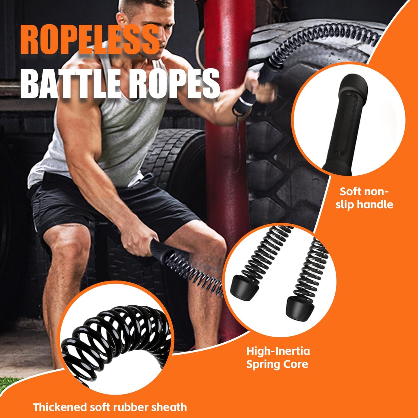 RunBaiNian Cordless Battle Rope 2-Piece Set Heavy-Duty Portable Training (heise)