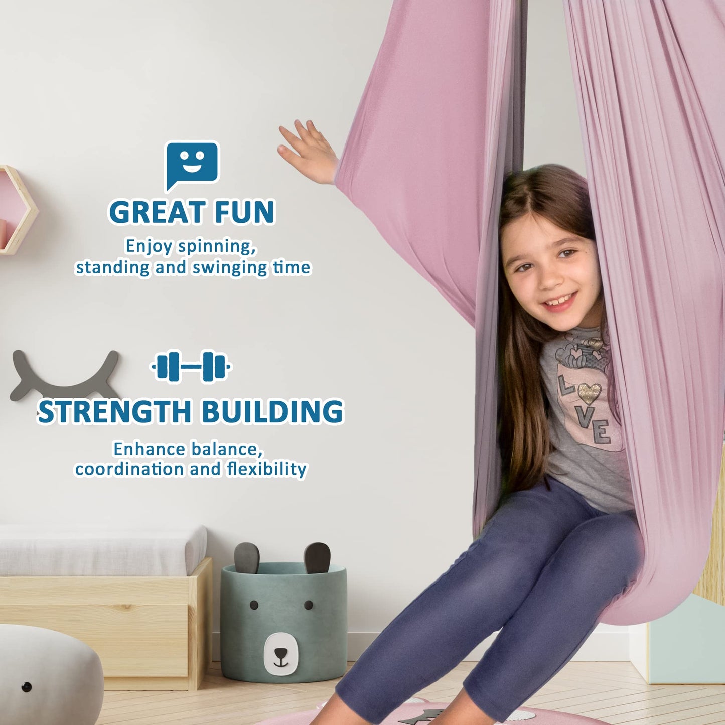 OUTREE Sensory Swing, Double Layer Therapy Swing with 360° Swivel Hanger, Healing & Relaxing Cuddle Sensory Swing for Kids and Adults with Autism, ADHD, Sensory Processing Disorder(Pink and Gray)