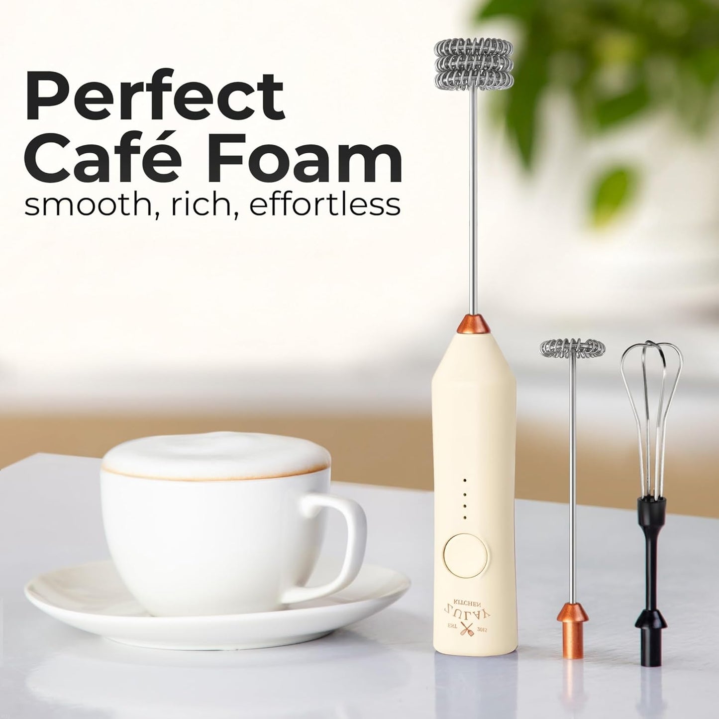Zulay Kitchen Rechargeable Milk Frother - 3 Speeds & 3 Whisk Attachments - USB Charging for Lattes & Cappuccinos - Cream Copper