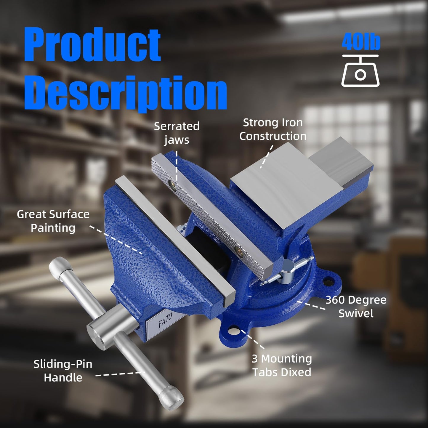 FATO FATO 5 Inch Light Duty Bench Vise – Ductile Iron Workbench Vise with 360° Swivel Base & Head, Anvil and Pipe Jaws, 4.92" Jaw Width 3.94" Opening, for Woodworking, Garage DIY