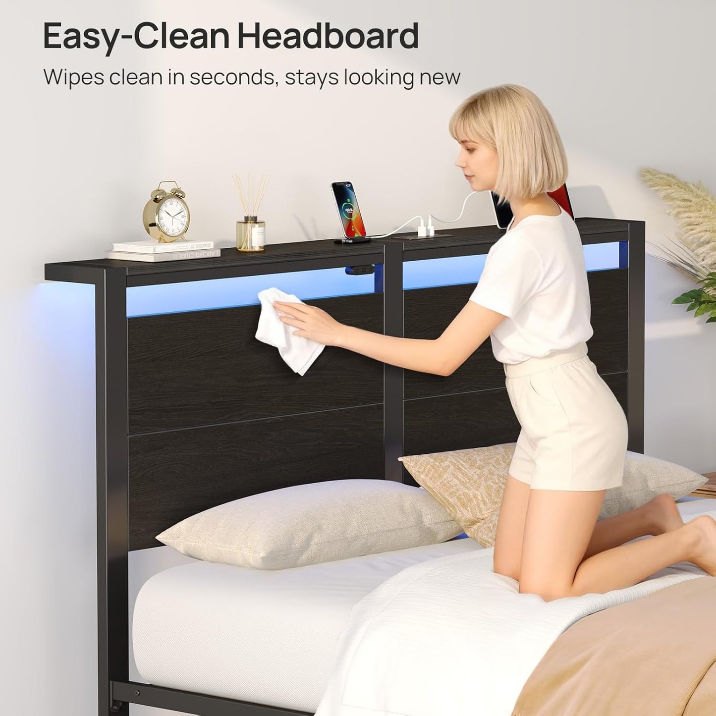 Rolanstar Queen Bed Frame - LED Headboard with Charging Station | Noise-Free Black Oak Design