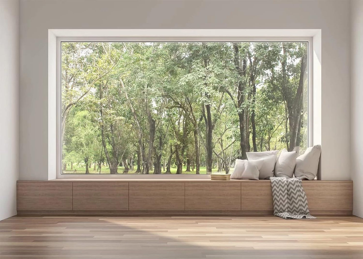 BELECO 9x6ft Fabric Modern Living Room Backdrop House Interior Window Scenery Green Forest Trees Nature Background