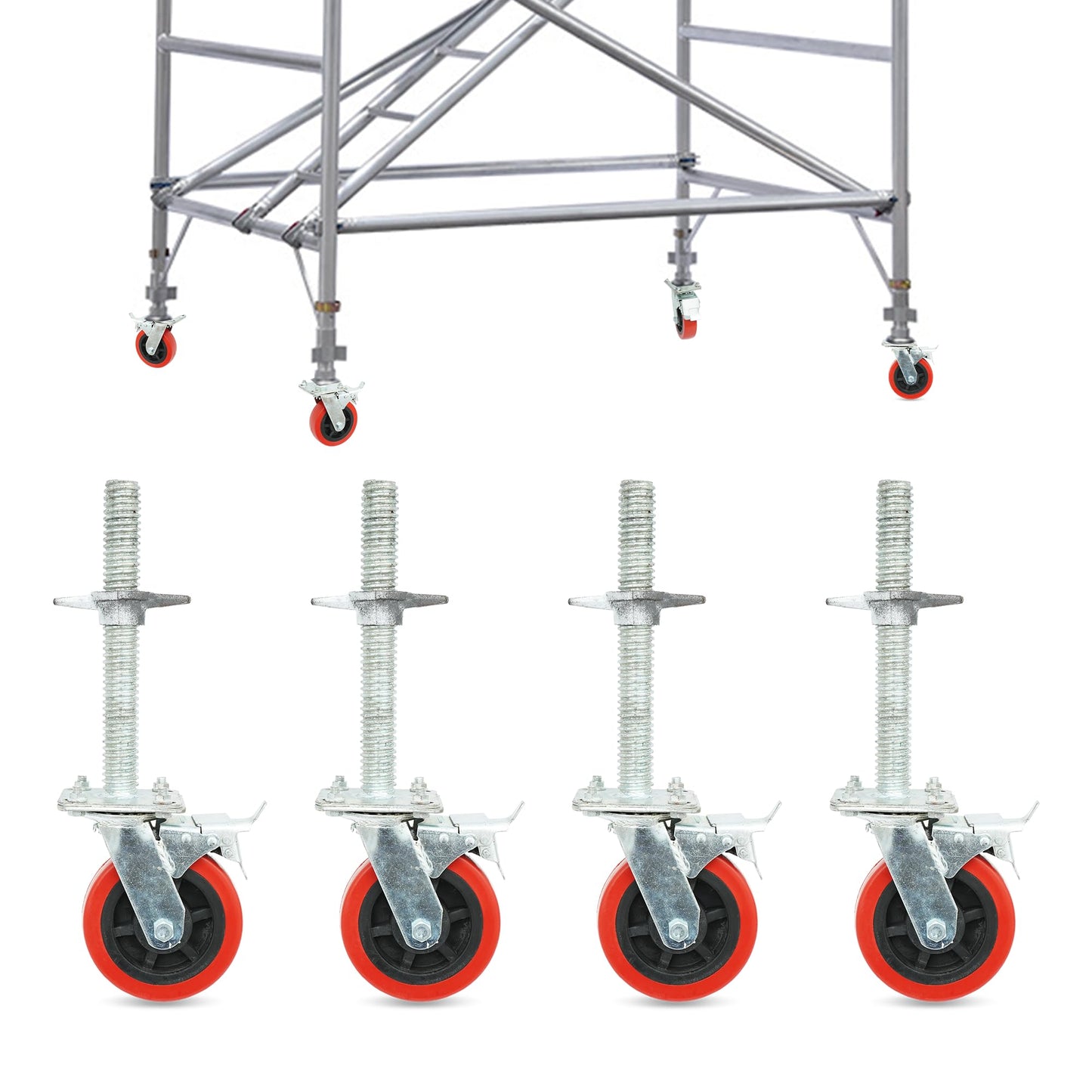8 inch Scaffolding Caster Wheels with Brake 4 Pack 1-1/4" OD Scaffold Screw, 21" Hight Screw Adjustable Leveling Scaffolding Wheels
