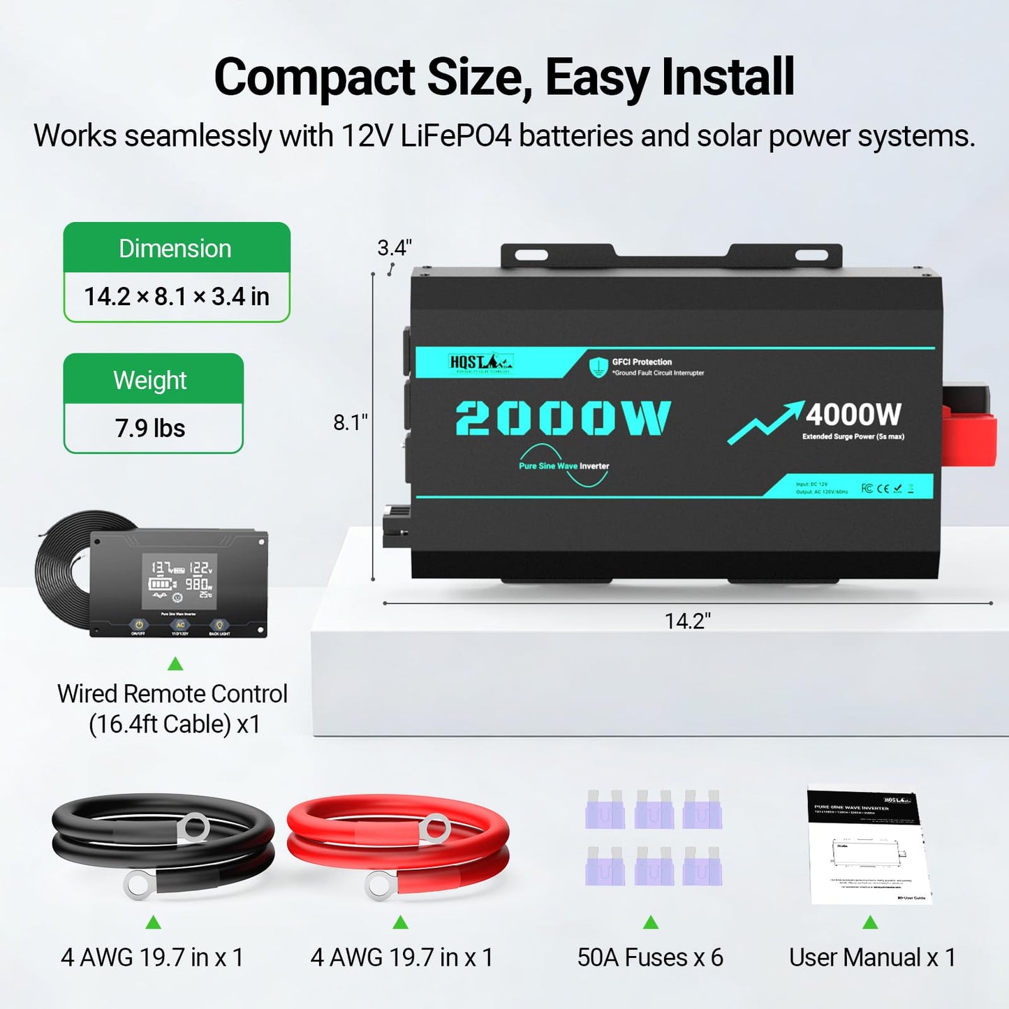 HQST 2000W Pure Sine Wave Inverter with 5s Boost Function, 12V DC to 110V AC Converter with Remote LCD, GFCI Protection, 3 AC Sockets, USB, Surge 4000W, for Solar, Sump Pump, RV, Camping, Off Grid