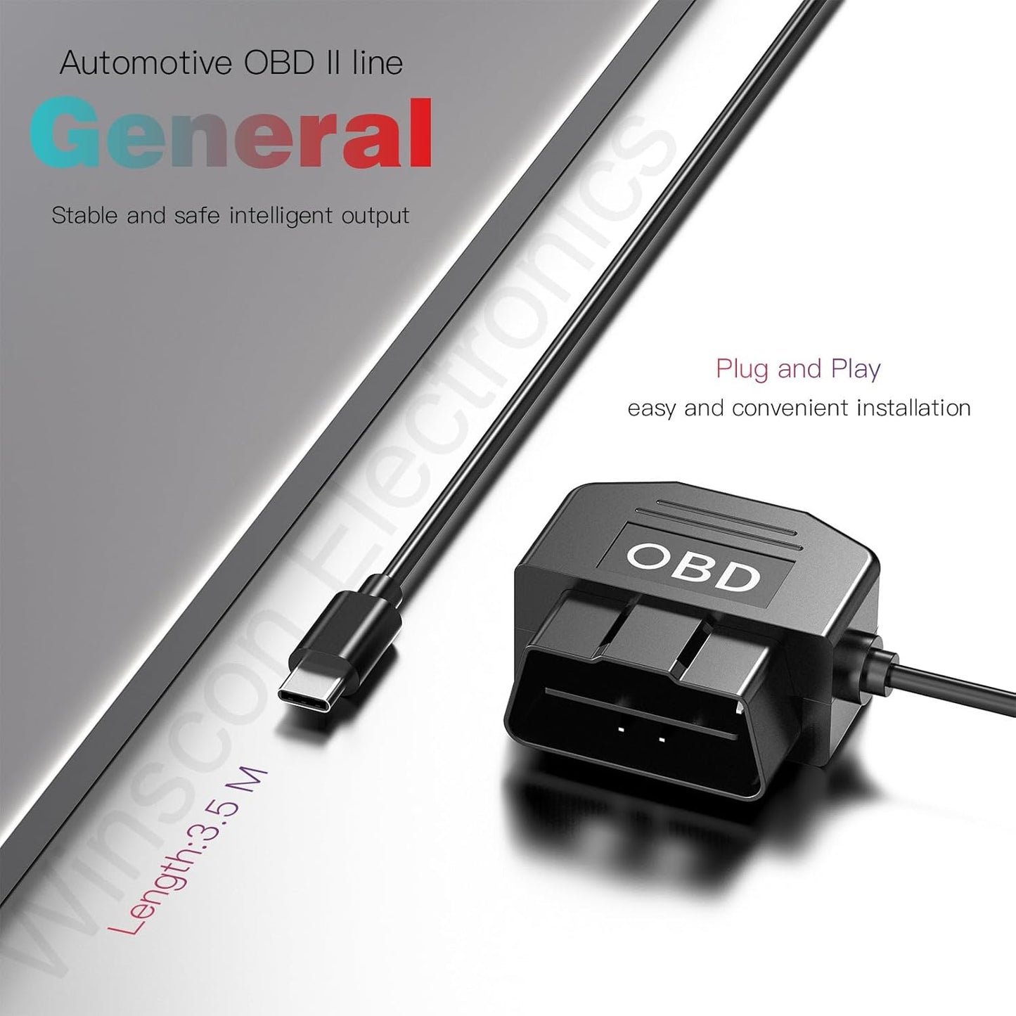 Redsia 12-24V 5V/3A 24h Dash Cam Hardwire Kit OBD, Dash Camera USB Type C Hardwire Kit OBD Power Charging Cable