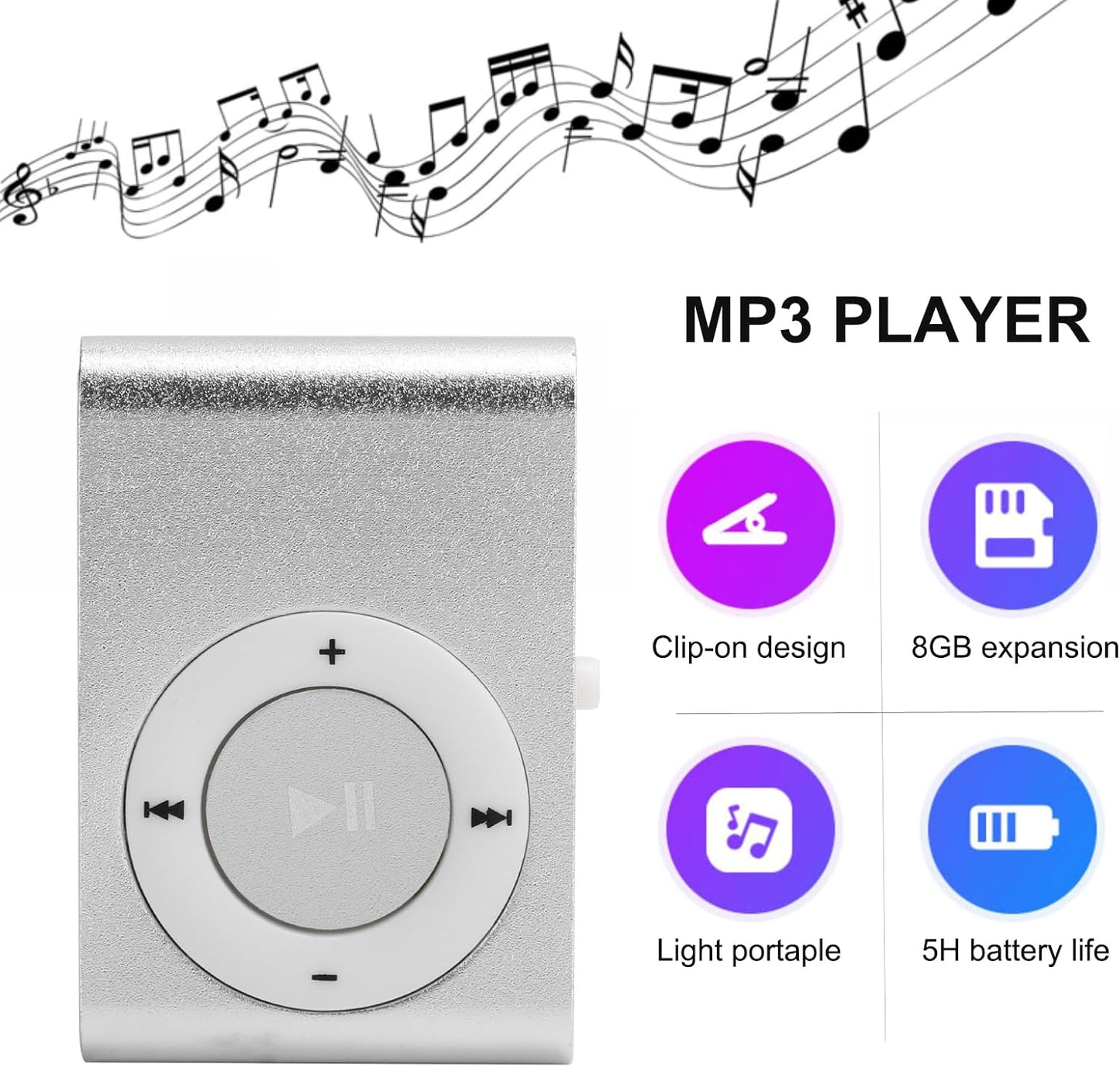 Wisoqu MP3 MP3 Player, Portable Digital Music Media Player Mini Back-Clip Player with Earphone and USB Cable