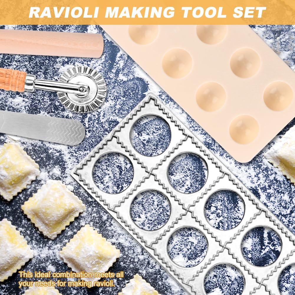 Ravioli Press Mold Set, 12 Holes Ravioli Maker Press,1 x Pasta Cutter Stamp Maker, 1xWood Rolling Pin Pasta Making Tools,1x Filling Spoon,for Ravioli, Dumpling,Hand Pie