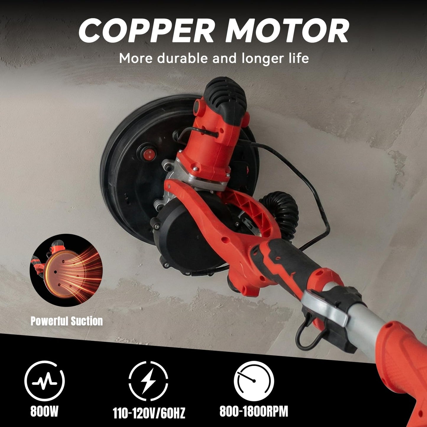 AEROPRO Tools Electric Drywall Sander 800W with Vacuum Dust Collection, Popcorn Ceiling Remover, 800-1800RPM, Soft Start, LED Light, Foldable & Extendable Handle, 12 Sanding Discs & 1 Polishing Pad