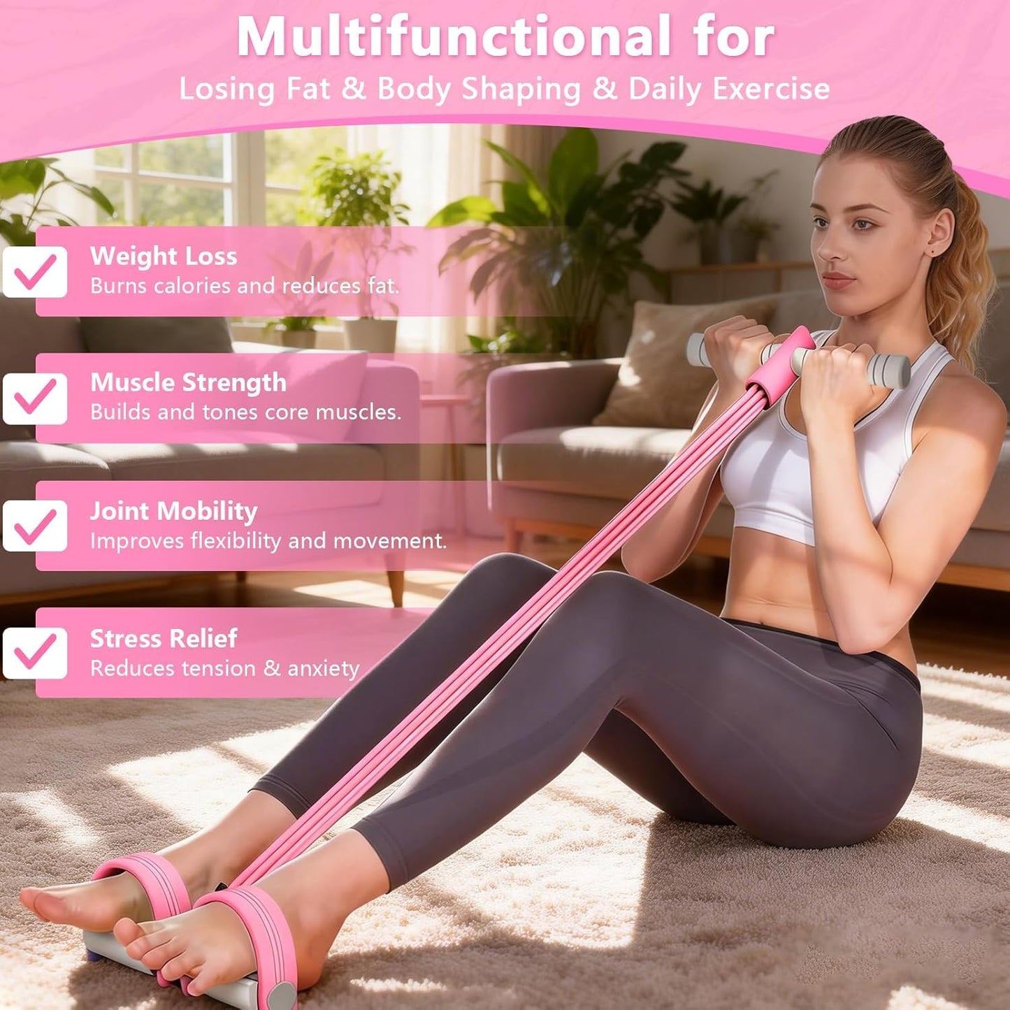 8-Tubes Pedal Resistance Band with Handle, Multifunction Exercise Rope for Working Out, Foot Pedal Resistance Band for Abdomen, Waist, Arm, Leg, Pink