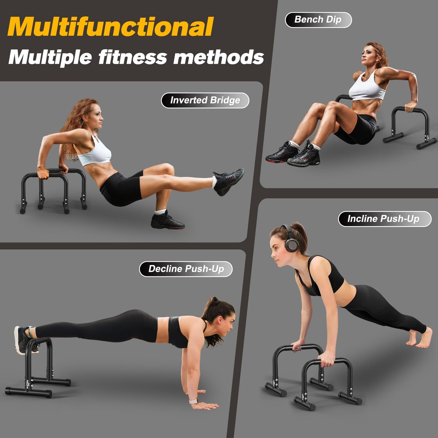RELIFE REBUILD YOUR LIFE Push Up Bar,14in High Steel Parallettes Bars,Dip Station Strength Training At Home Gym Workout.Calisthenics Parallel for L-Sit, Full Planche & Dips, Gymnastics.(Black-03)