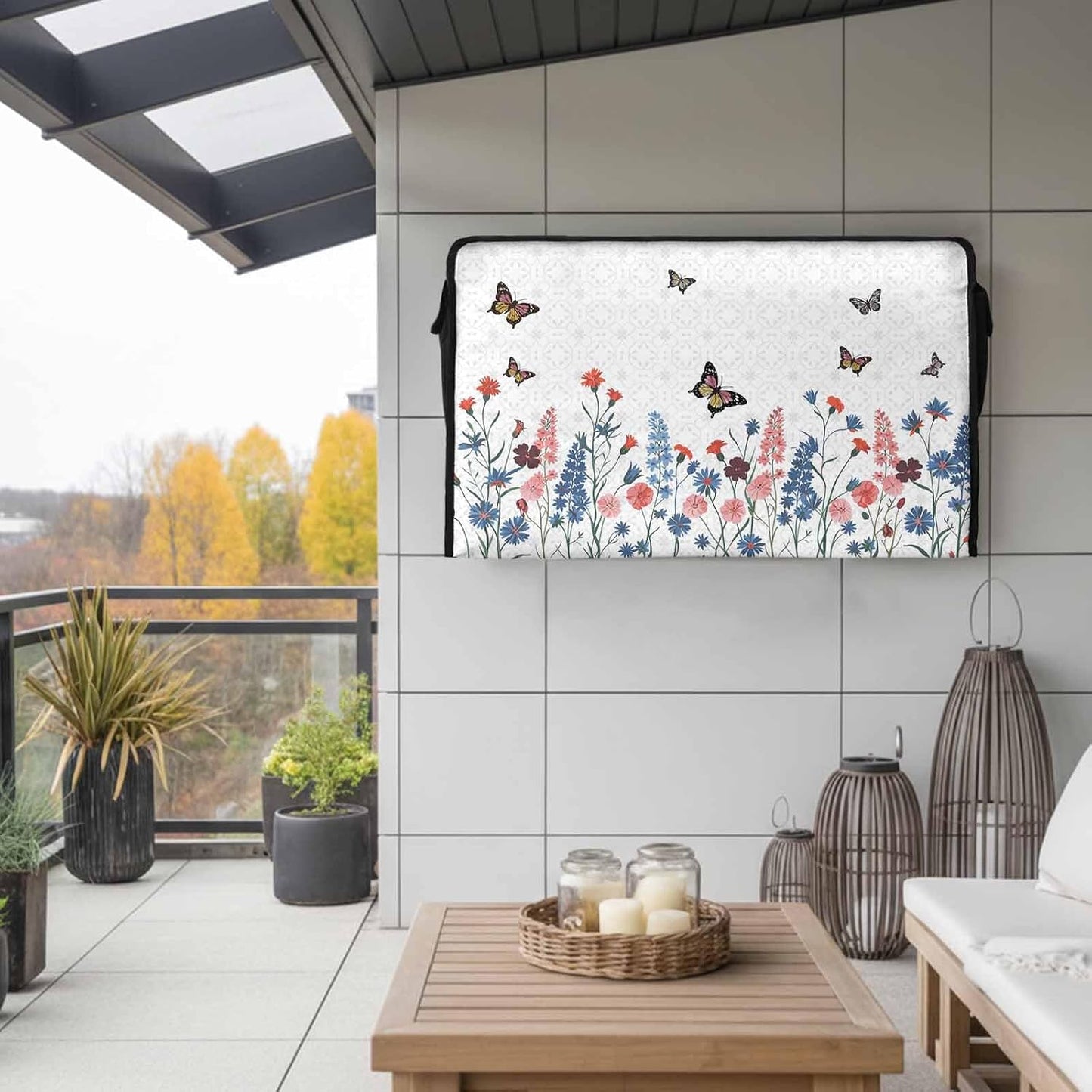 EZON-CH 30-32 inch Outdoor TV Cover Vintage Plants Weatherproof TV Screen Protector Spring Lavender Flowers Butterflies