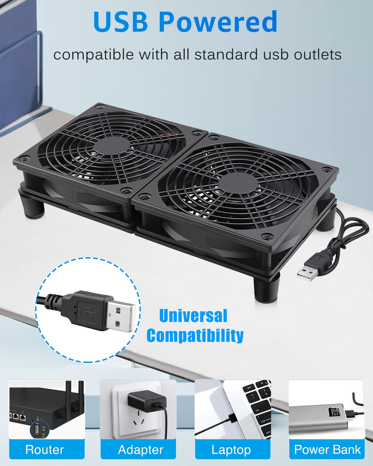 3 5V 120mm GDSTIME Quiet Router Fan Cooler with Speed Control, L/M/H, DC USB Powered Dual Computer Cooling Case Fan