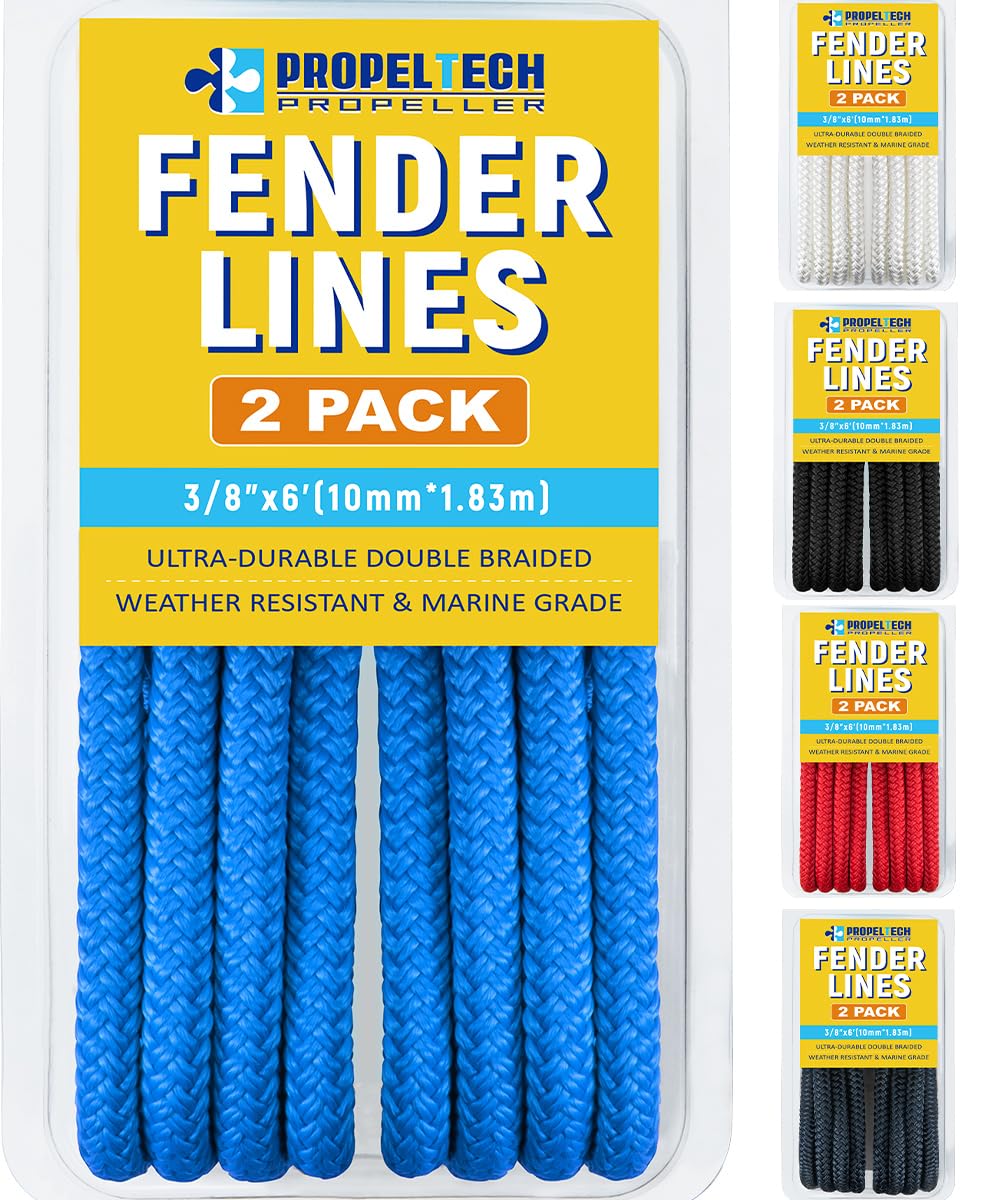 2 Pack 3/8'' x 6' Boat Fender Lines for Mooring, Docking Ties & Small Boat,Premium Marine- Grade Double Braided Nylon Boat Rope with a 5" Eyelet,Anti-Wear & Weather-Resistant-Lake Blue