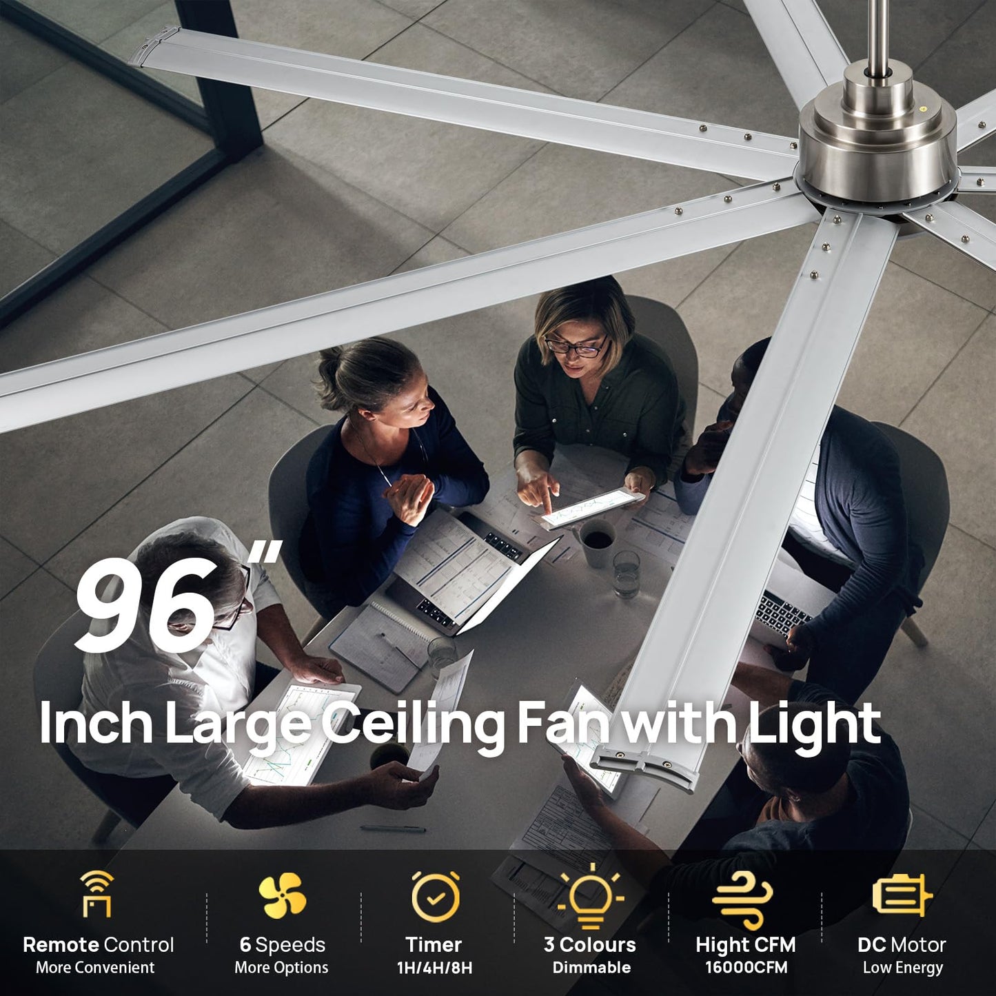 Minislak 96 Inch Industrial Ceiling Fans with Light,Brushed Nickel HVLS Ceiling Fan with 6 Speeds Reversible Motor,High CFM Indoor/Outdoor Ceiling Fan with 7 Aluminum Blades for Barn shop,Commercial
