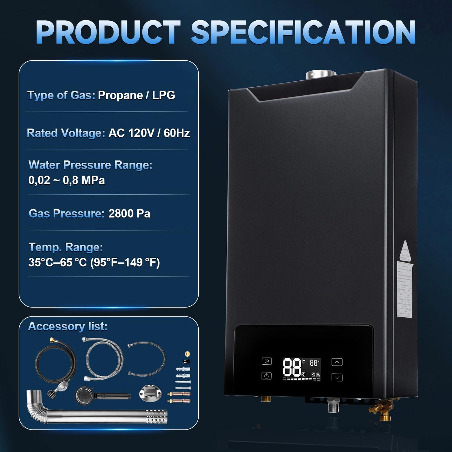GEARPASS Propane Gas Tankless Water Heater, 6.3 GPM, 160,000 BTU Indoor, On Demand Instant Hot Water Heater with Touch LED Temperature Display and Multi-Protection