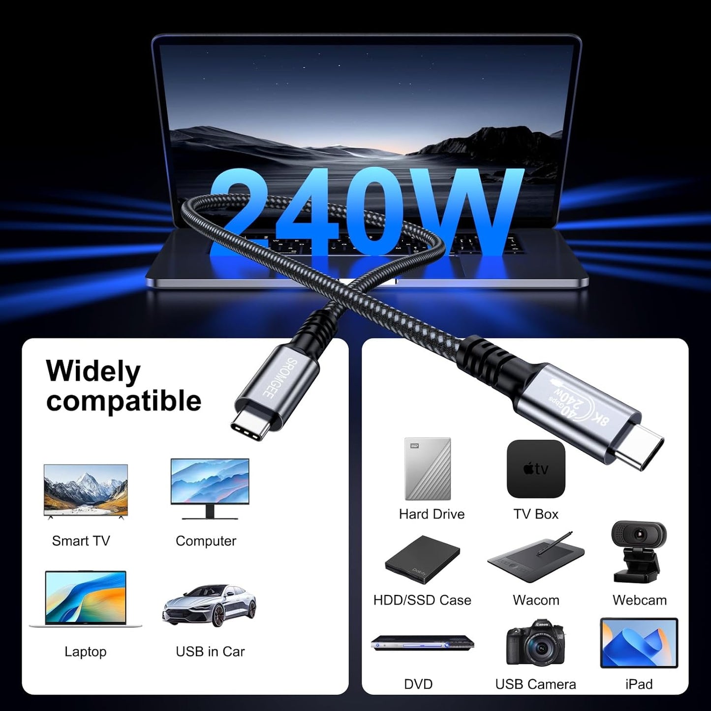 4 6.6FT 2-Pack, 40Gbps 240W 4/3, 8K@60Hz 17/16/15, USB Cable USB C Data Cable for Thunderbolt USB-C Video Fast Charging