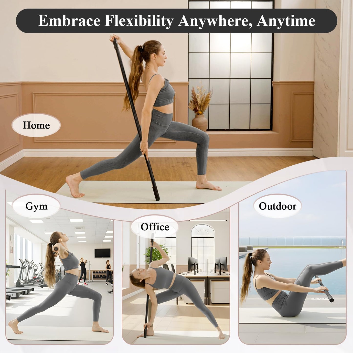 PAETA Yoga Stick for Stretching, 5ft Exercise Stick for Mobility & Flexibility, Bamboo Stretch Bar and Posture Pole with Non-Slip Grip - Includes Free Video Guide, Black