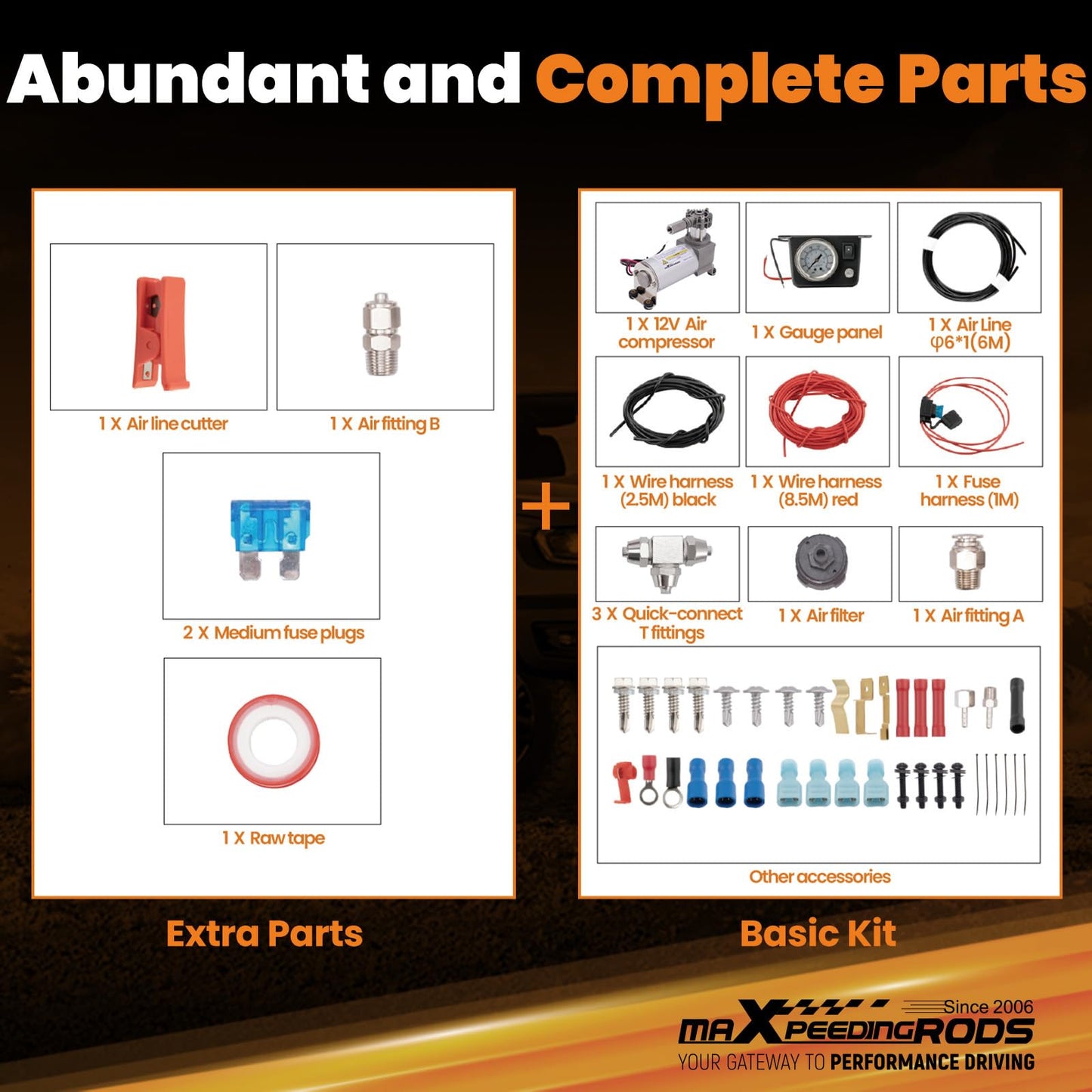 maXpeedingrods On Board Air Compressor System Up to 120 PSI Air Bag Compressor Kit with Analog Gauge Air Line T Fittings Single Path System for Trucks Vans