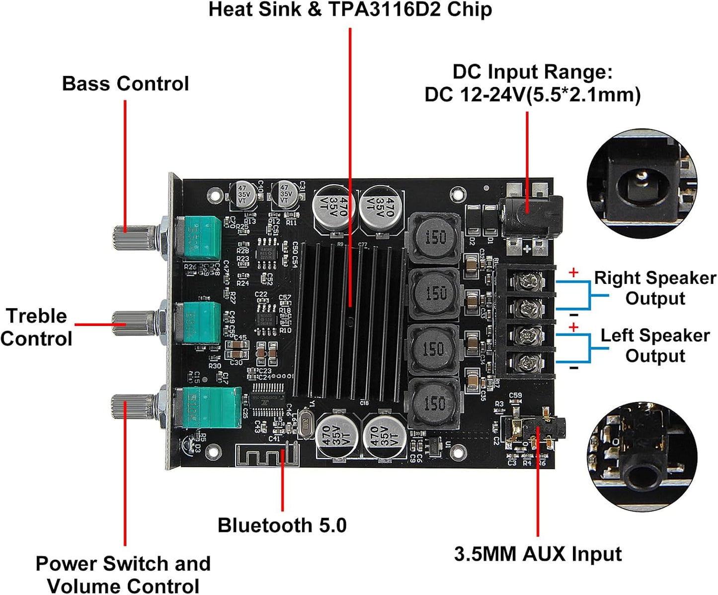 AITRIP 2PCS ZK-1002T 2.0CH 100W*2 9-24V Bluetooth Amplifier Board Mini Audio AMP with Treble and Bass Control, BT