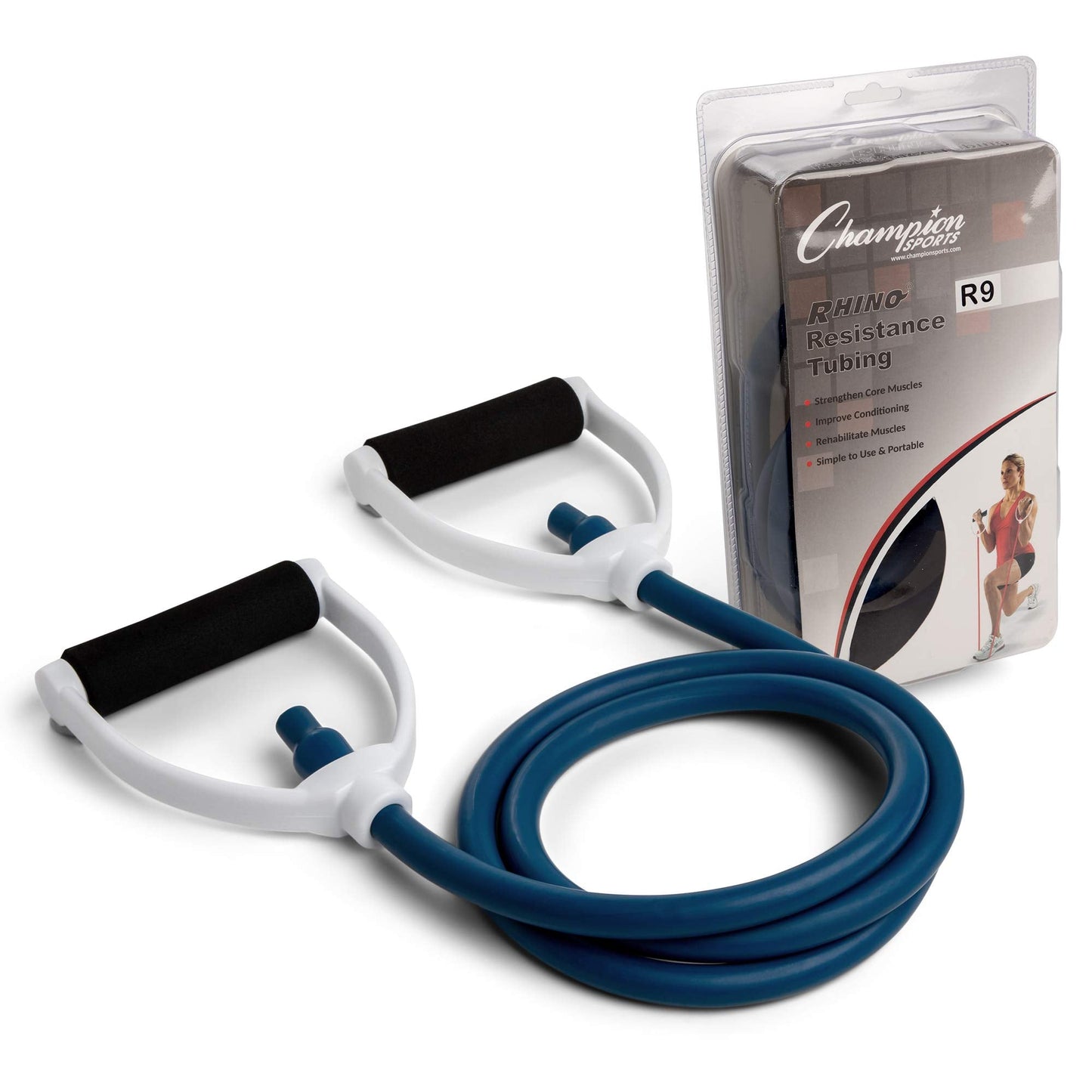 Champion Sports Resistance Tube Bands for Men and Women, Durable Stretch Fitness Band for Strength Training, Stretching, Rehabilitation - Premium Home Workout Equipment - 90 Lbs Resistance Tubing-Blue