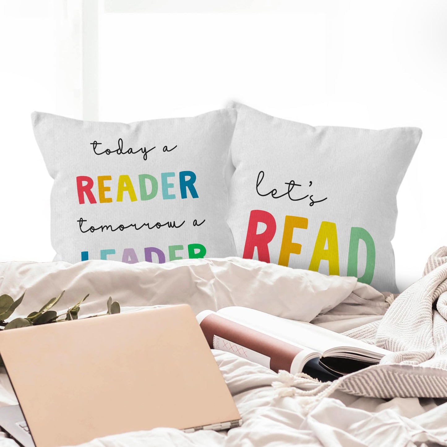 HIWX Reading Pillow Cover,Classroom Pillow Covers,Classroom Let's Read Today a Reader Tomorrow a Leader Decorative Throw Pillow Cover 18 x 18,Reading Nook Classroom Nursery Decor Set of 2 Pillow Case