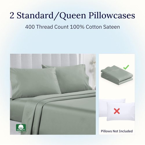 California Design Den Pillowcase Set | Standard Queen Size, 400 Thread Count, 100% Cotton Sateen, Soft Sage Green - Set of 2