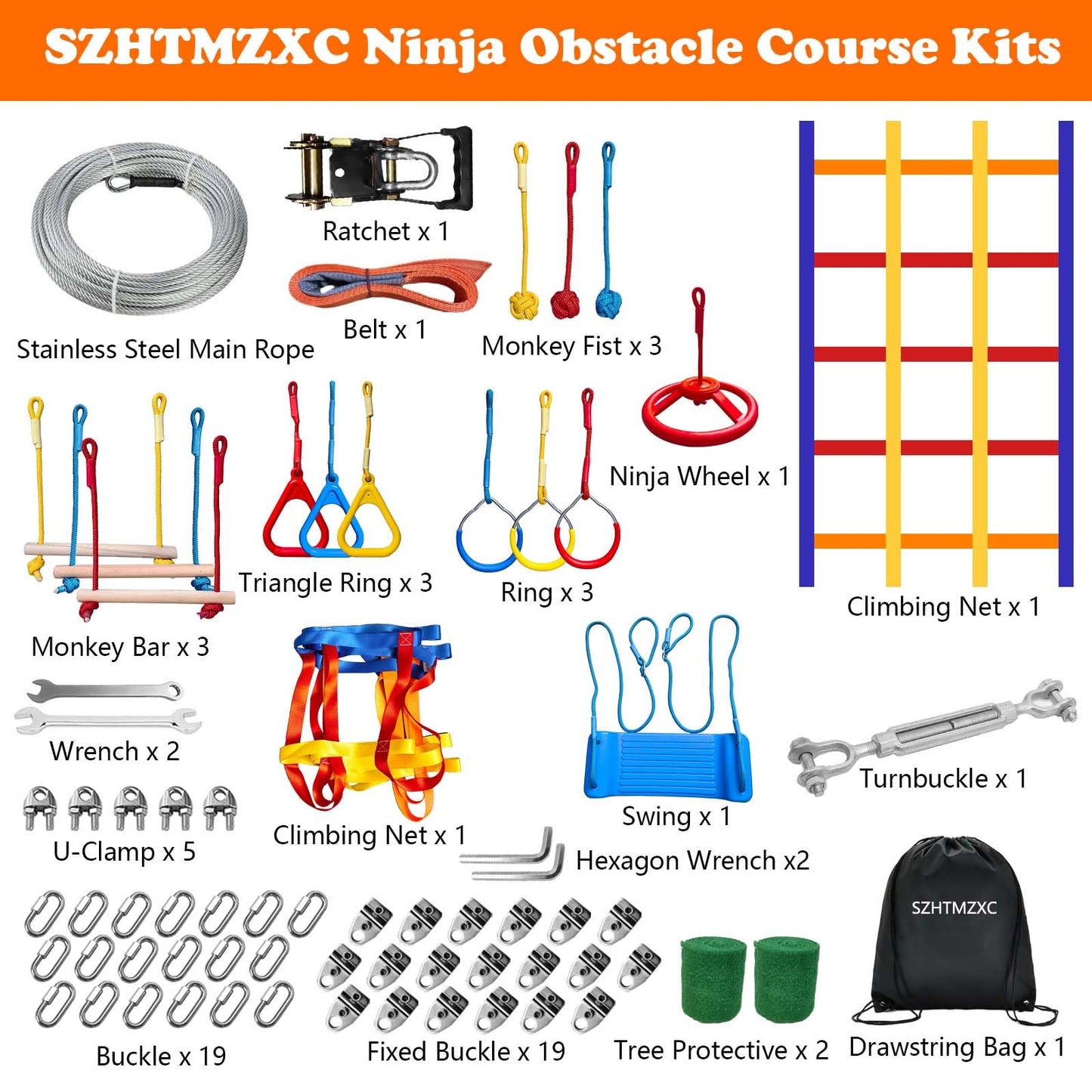 SZHTMZXC Ninja Warrior Obstacle Course for Kids Backyard Outdoor, 55ft Stainless Steel Main Cable, No Sagging, No Fraying, Weatherproof, 15 Ninja Training Accessories, Climbing Net, Swing, Wheel