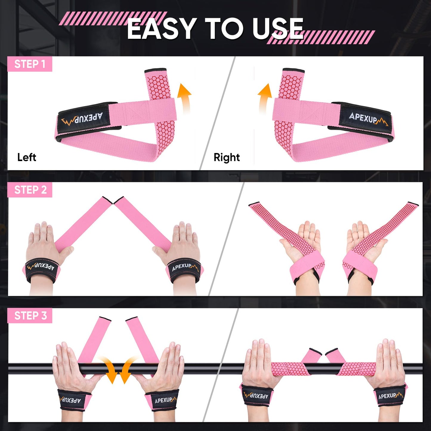 APEXUP Weight Lifting Straps for Weightlifting, Lifting Wrist Straps Gym, Deadlift Strap, Anti Slip Silicone Weightlifting Strap Men Women Powerlifting, Strength Training (Pink, 1 Pair)