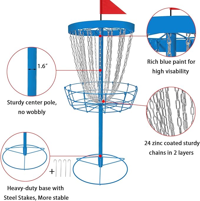 Disc Golf Basket with Discs | Portable Disc Golf Target with Heavy Duty 24-Chains Disc Golf Course Basket, Come with 6pcs Disc Golf Discs with Carry Bag
