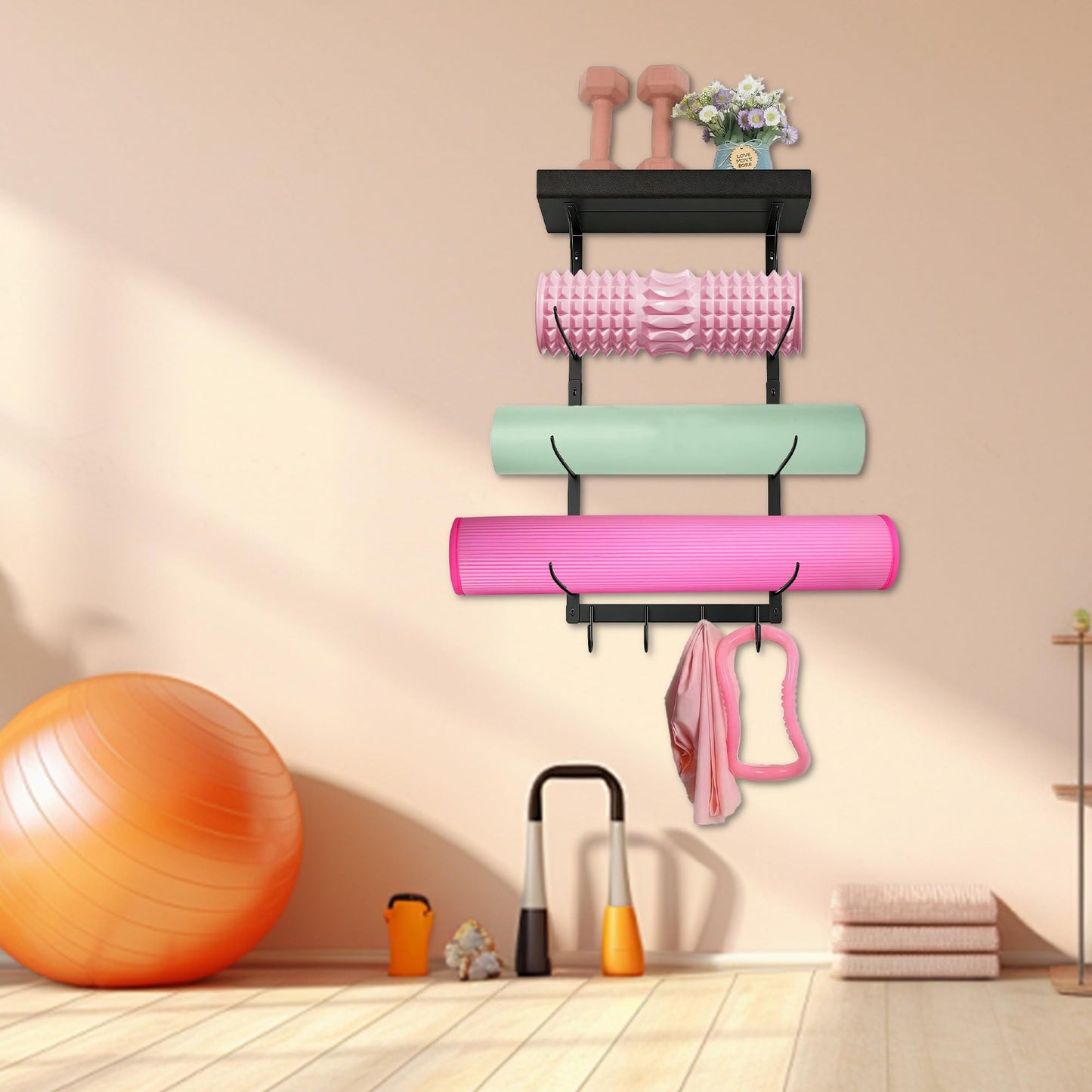 Lanasz Yoga Mat Holder Wall Mount - 4 Tier Home Gym Storage Rack with Shelf & 5 Hooks, Gym Equipment Organizer & Wall Storage for Workout Room Decor