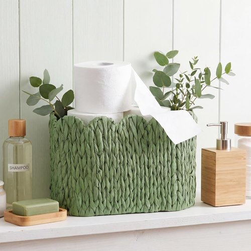Kathfly Toilet Paper Storage Basket - Sage Green Scalloped Wicker Holder for Up to 6 Mega Rolls | Versatile Organizer for Home & Office